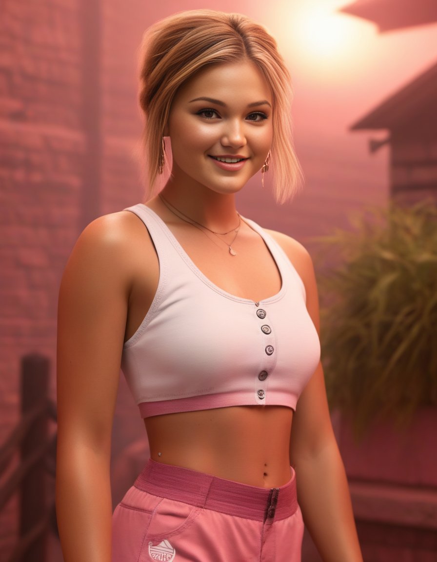 OliviaHolt,<lora:OliviaHoltSDXL:1>,realistic, 1girl, (detail skin texture, ultra-detailed body), atmospheric scene, masterpiece, best quality,(cinematic light), solo, midriff, smile, navel, white crop top, brown hair, shirt, grin, outdoors, standing, [[pink headband]],[sport shorts]