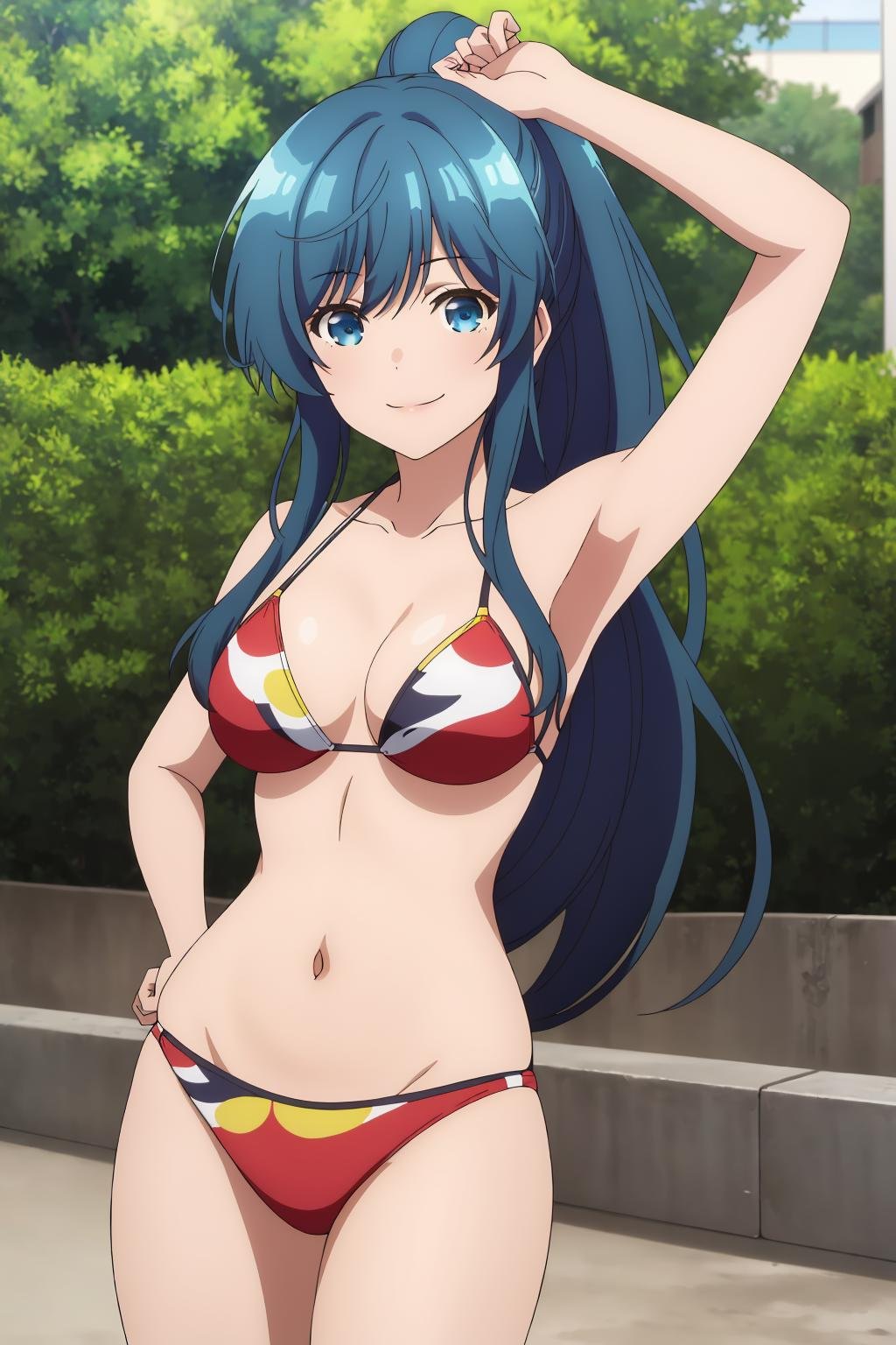 ((best quality)),((highly detailed)),masterpiece,absurdres,detailed face,beautiful face,(detailed eyes, deep eyes),1girl,((dynamic pose)) ,   <lora:minamiV1:0.8>Minami, solo, long hair, blue hair, breasts, blue eyes, smile, outdoors, medium breasts, collarbone, arm up, standing, bikini top, looking at viewer, day, shiny hair, bangs, ponytail, very long hair, shiny, closed mouth, tree, high ponytail, hair between eyes, sidelocks, cowboy shot