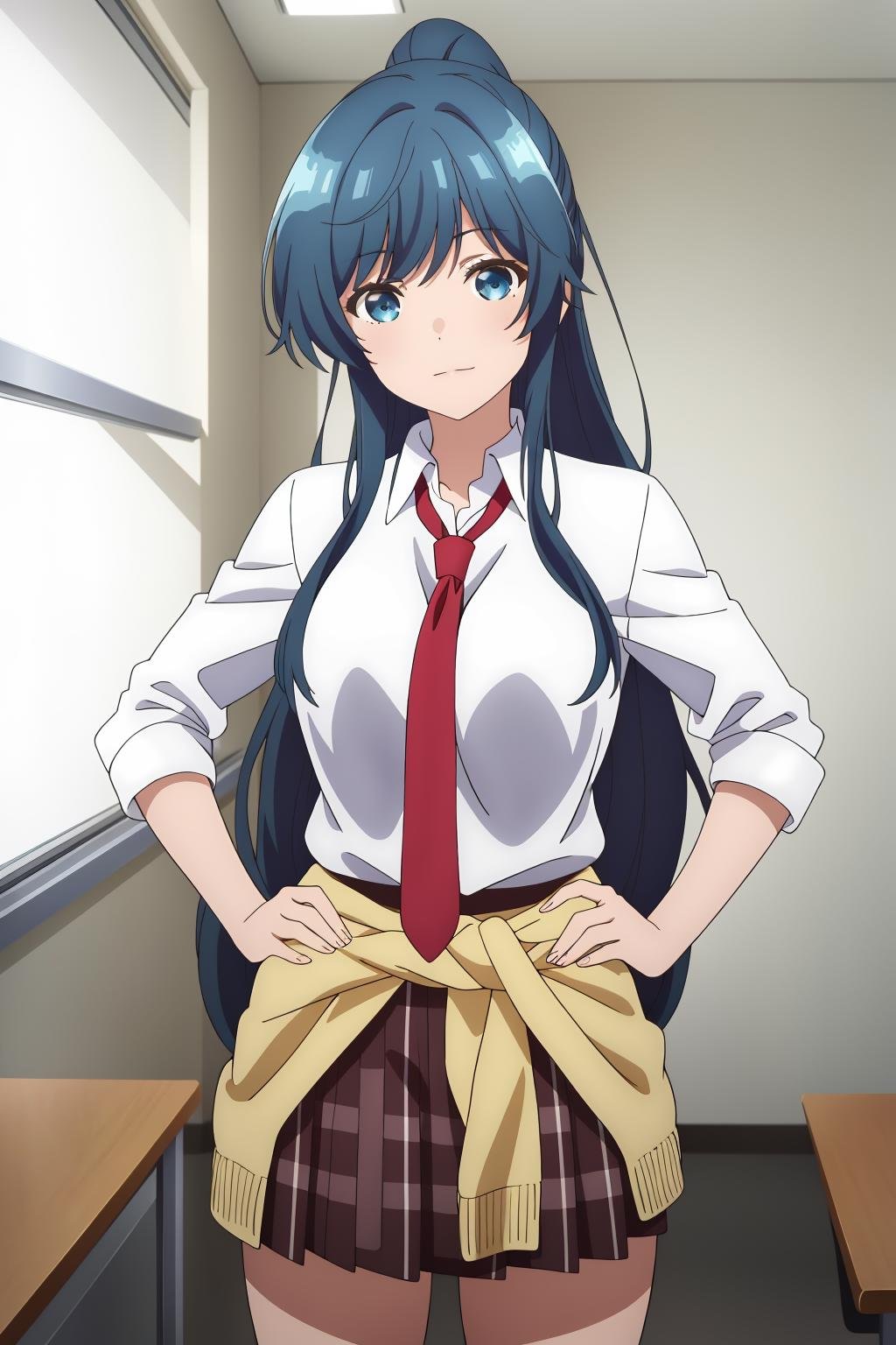 ((best quality)),((highly detailed)),masterpiece,absurdres,detailed face,beautiful face,(detailed eyes, deep eyes),1girl,((dynamic pose)) ,   <lora:minamiV1:0.8>Minami, solo, necktie, clothes around waist, school uniform, long hair, blue eyes, skirt, ponytail, blue hair, sweater around waist, shirt, looking at viewer, plaid skirt, red necktie, plaid, white shirt, classroom, sleeves rolled up, jacket around waist, pleated skirt, indoors, very long hair, cowboy shot, standing, closed mouth, brown skirt, bangs