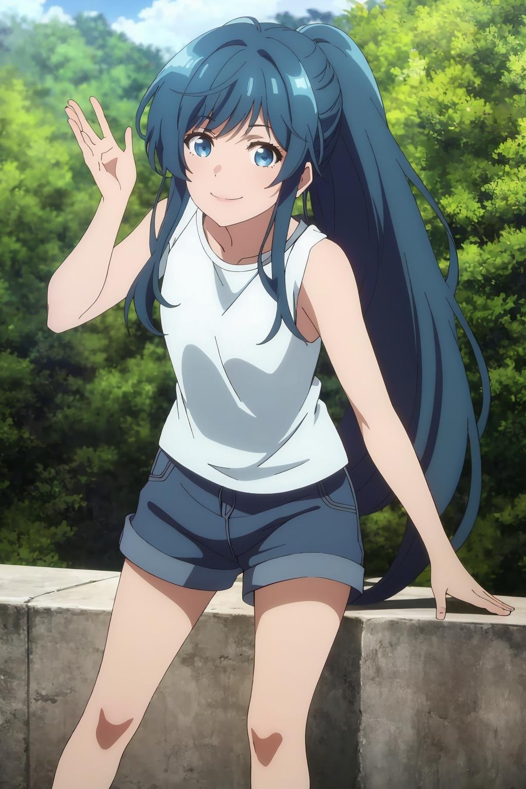 ((best quality)),((highly detailed)),masterpiece,absurdres,detailed face,beautiful face,(detailed eyes, deep eyes),1girl,((dynamic pose)) ,   <lora:minamiV1:0.8>Minami, solo, long hair, blue hair, ponytail, shirt, smile, blue eyes, looking at viewer, holding, outdoors, standing, white shirt, bangs, closed mouth, tree, sleeveless, t-shirt, short sleeves, very long hair, day <lora:animemix_v3_offset:0.8>