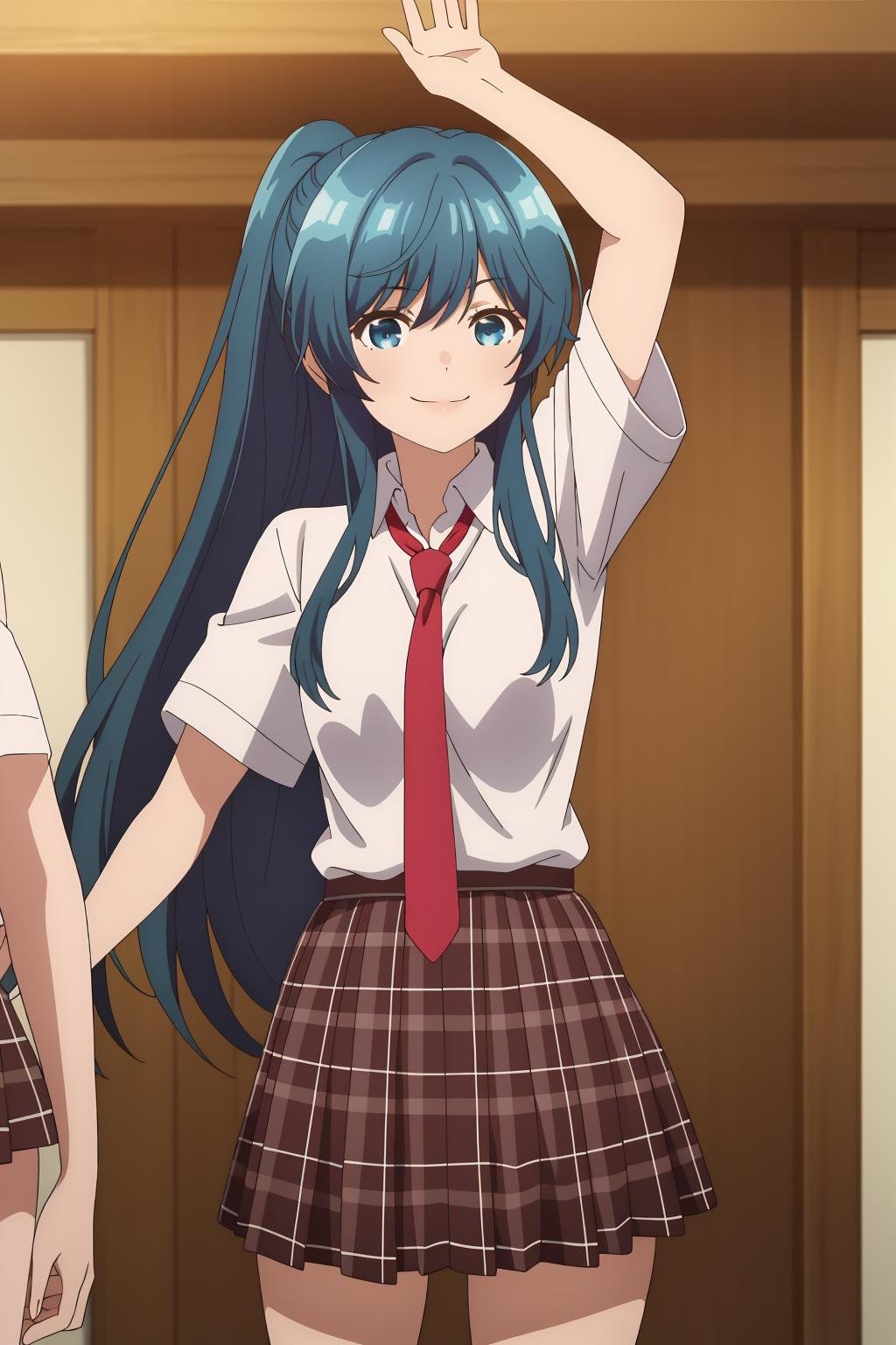 ((best quality)),((highly detailed)),masterpiece,absurdres,detailed face,beautiful face,(detailed eyes, deep eyes),1girl,((dynamic pose)) ,   <lora:minamiV1:0.8>Minami, skirt, necktie, blue hair, school uniform, long hair, red necktie, blue eyes, shirt, ponytail, plaid, white shirt, plaid skirt, holding, short sleeves, bangs, smile, pleated skirt, collared shirt, solo, solo focus, indoors, sidelocks, closed mouth, hair between eyes, brown skirt, standing, cowboy shot, very long hair