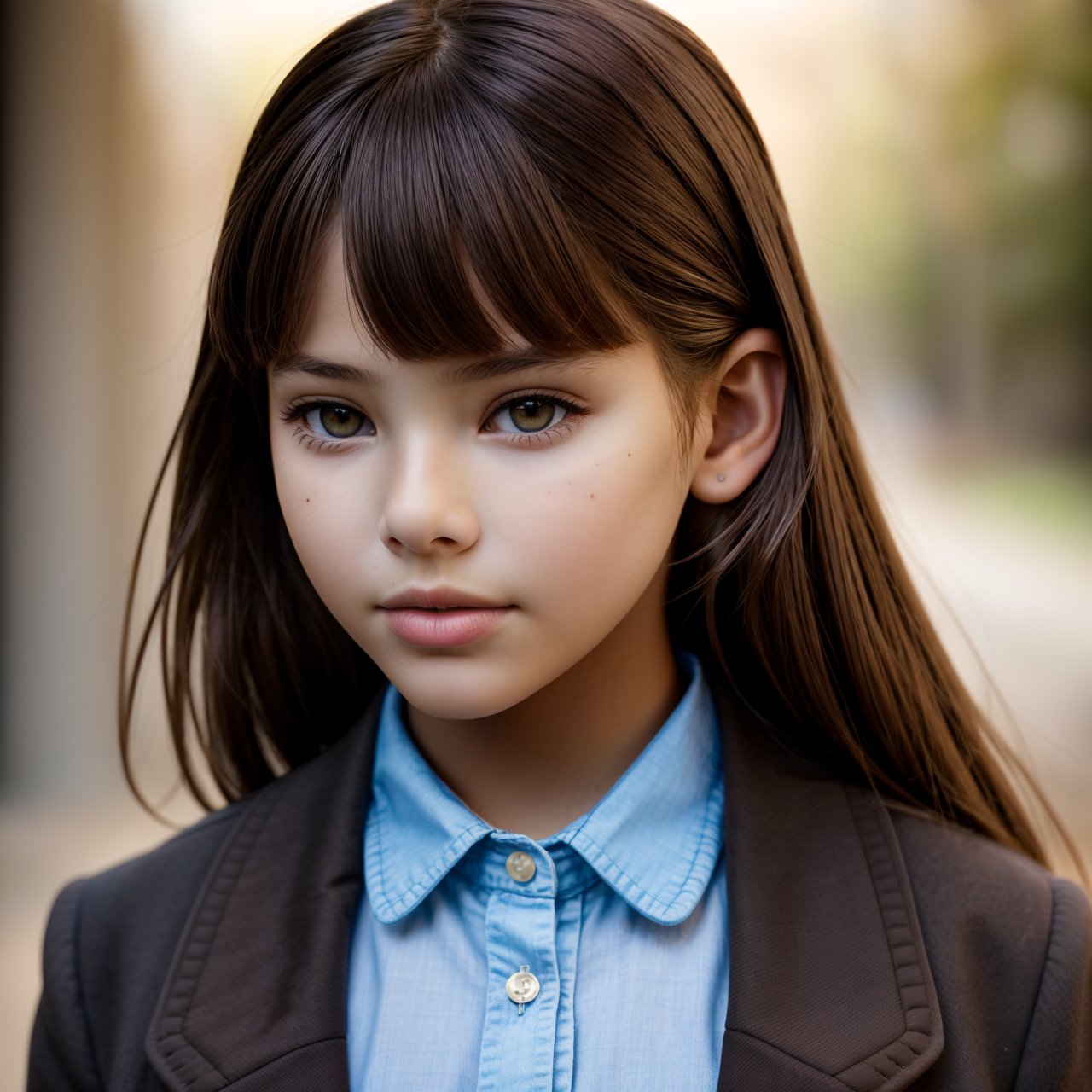 (masterpiece:1.3), looking back, close up portrait of adorable (AIDA_LoRA_LG2014:1.05) <lora:AIDA_LoRA_LG2014:0.76> in a deep brown school uniform outdoors, little girl, pretty face, naughty, cinematic, dramatic, insane level of details, studio photo, studio photo, kkw-ph1, hdr, f1.8, (colorful:1.1)