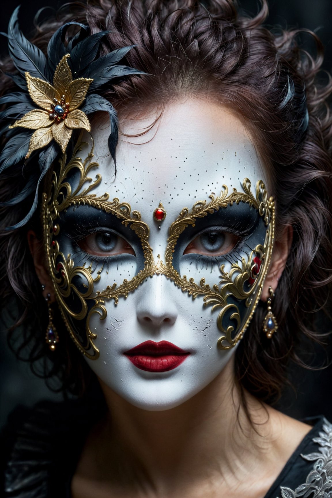 Dark Moody Atmosphere, (masterpiece), (best quality), (ultra-detailed), {A woman in a carnival mask}, illustration, disheveled hair, detailed eyes, perfect composition, moist skin, intricate details, earrings, dramatic, mysterious, dark moody atmosphere
