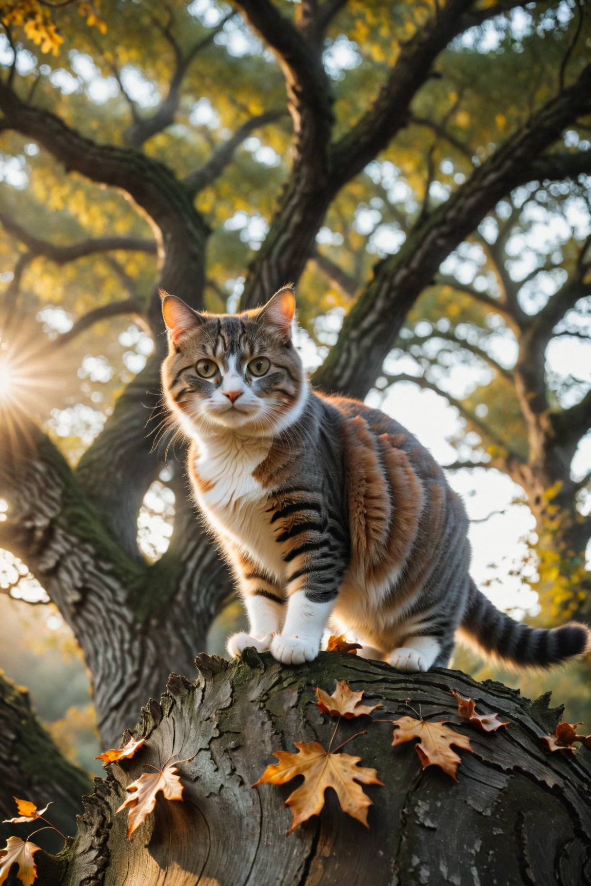 HDR photo of cinematic photo cinematic still photo of a Cat poised gracefully atop an ancient oak tree, autumn leaves fluttering around, golden hour casting long shadows, backlit, sharp focus on feline, bokeh effect on background foliage, cinematic film still, . emotional, harmonious, vignette, highly detailed, high budget, bokeh, cinemascope, moody, epic, gorgeous, film grain, grainy . 35mm photograph, film, bokeh, professional, 4k, highly detailed . High dynamic range, vivid, rich details, clear shadows and highlights, realistic, intense, enhanced contrast, highly detailed