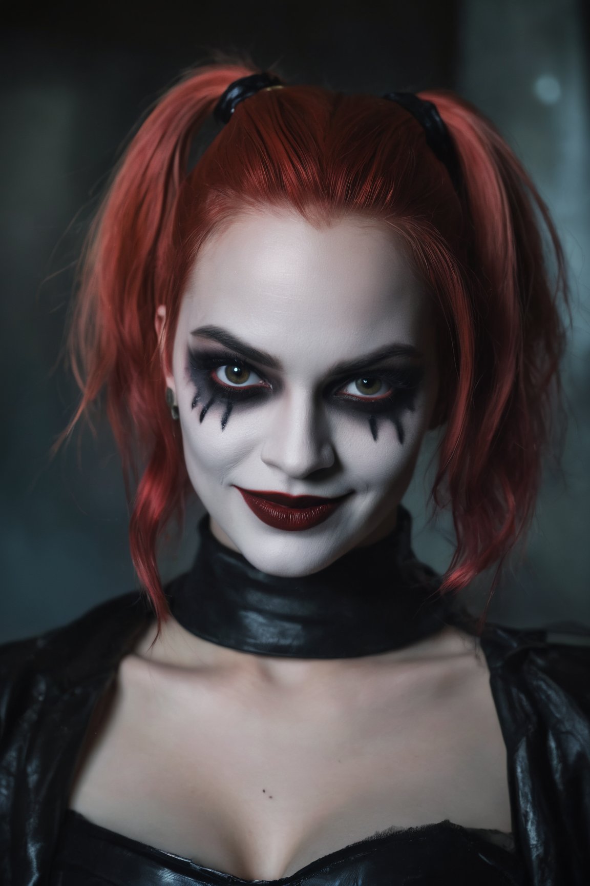 (best quality,4k,8k,highres,masterpiece:1.2),ultra-detailed,(realistic,photorealistic,photo-realistic:1.37),dark evil style,Harley Quinn,fantasy,creepy look,creepy smile,portrait,gloomy atmosphere,distorted make-up,dark clothing,menacing eyes,smudged lipstick,gothic setting,ominous lighting,gritty details,sinister expression,shadowy background,hauntingly beautiful features,macabre vibe,unsettling charm,ominous color palette,sharp contrast,menacing gaze,sinister grin,evil intentions,untamed hair,fiery red and black hair,piercing eyes,vividly dark colors
