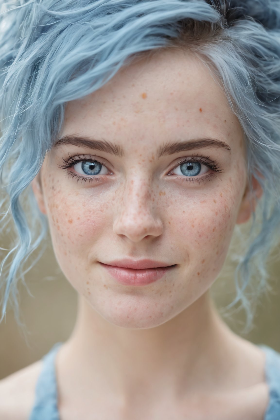 (best quality, 4k, 8k, highres, masterpiece:1.2), ultra-detailed, (realistic, photorealistic, photo-realistic:1.37), blue messy hair, light blue eyes, freckles, women, portrait, cinematic, bokeh, soft lighting, ethereal atmosphere, dreamy expressions, dynamic composition, textured background, vivid colors, subtle smile, graceful pose, professional, artistic, portrait photography