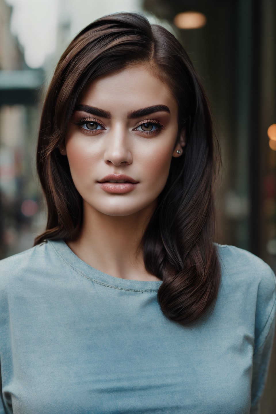 (Best Quality, High Resolution, Masterpiece: 1.3), a beautiful woman, dark brown hair, loose wavy shape, details of face and skin texture beautifully presented, detailed eyes, double eyelids, skinny jeans, industrial city,photorealistic,girlvn,1 girl,Masterpiece
