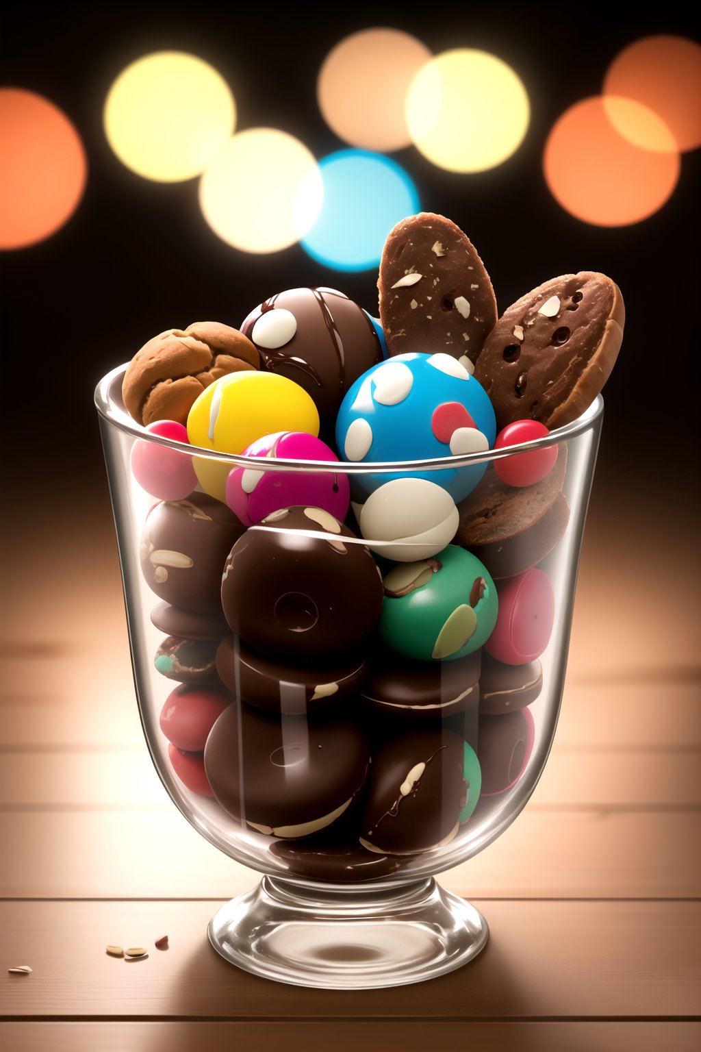 centered, photography, | multiple glass bowl, chocolate balls, candies, cookies, bread, almonds, peanuts, delicious, symetrical, realistic, | bokeh, depth of field, | gamer bar, gamer decoration, rgb lights