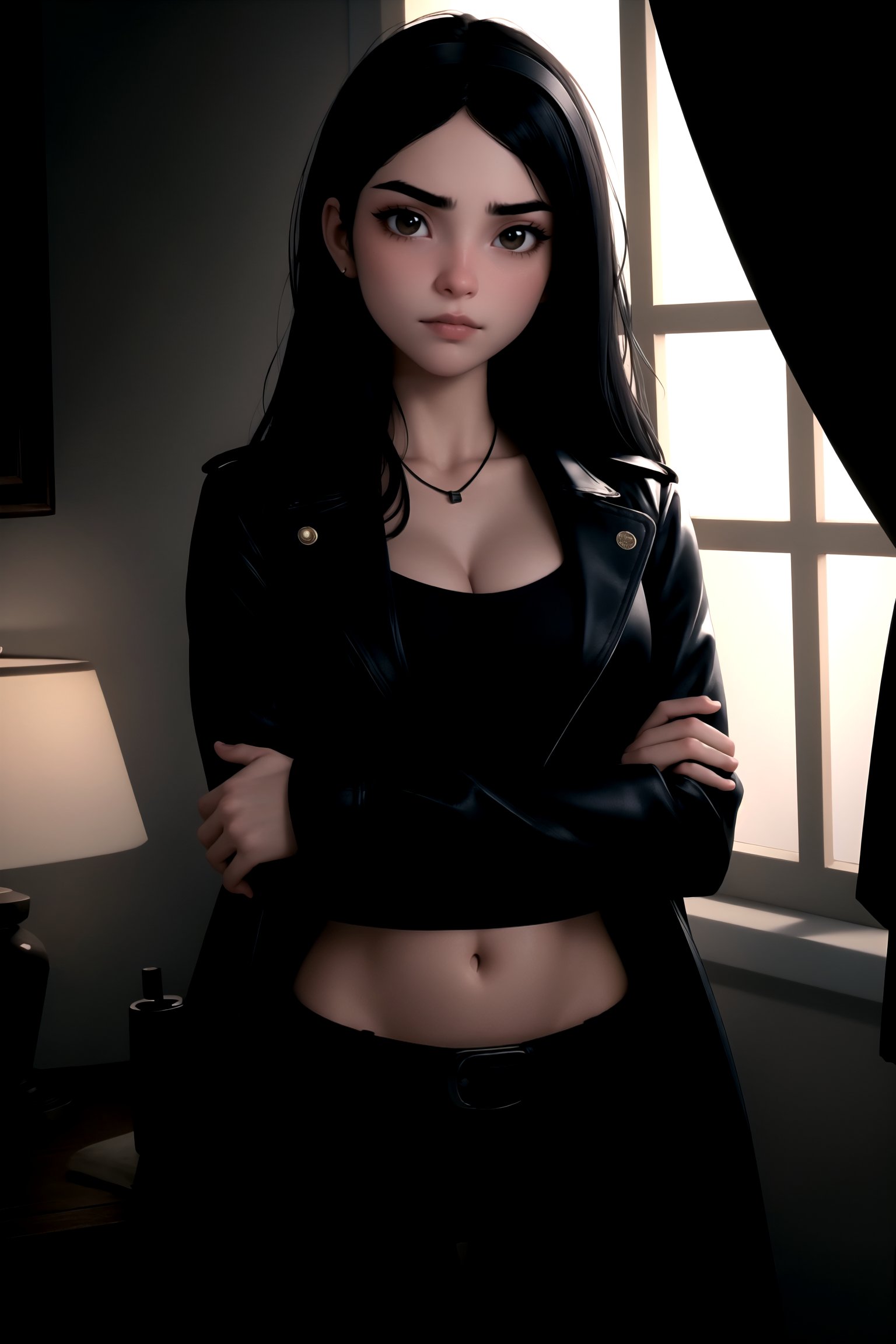 atmospheric scene, (detailed face, detailed skin texture, ultra detailed body), (cinematic light:1.1), | area lighting, HD, open black coat, leather coat, / 1girl, brooch, mouth closed, arms crossed, black crop top, midriff, navel, groin, long black jacket, open jacket, lowleg tight jeans, belt, bedridden, frowning, home background, detective girl, gradient, warm light, gloomy atmosphere, long sleeves, looking at viewer, evening, black pants, breasts, evening, v-shaped eyebrows, soft light background, predominantly yellow background, headband, black hair, long hair, medium breasts, night light, large window, city view, alone,<lora:EMS-44663-EMS:0.800000>