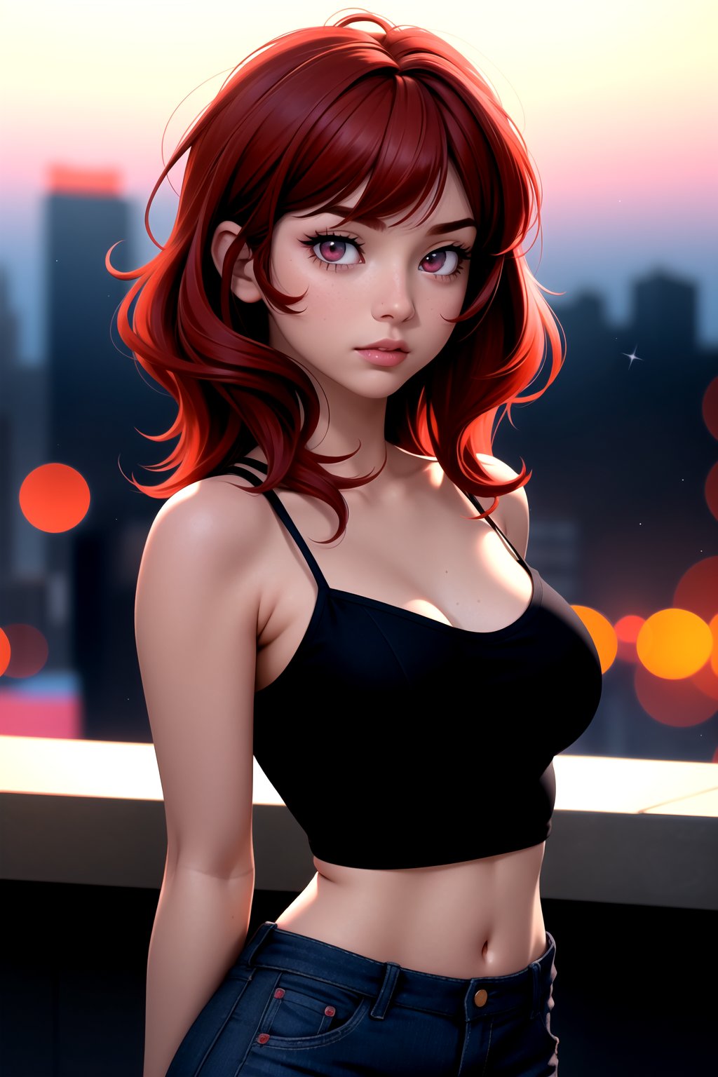 (hyperealistic detailed face:1.2), (looking at viewer:1.2), (frontal view), centered, upper body, award winning frontal photography, masterpiece, | (arms behind back), (beautiful detailed eyes:1.2), messy fluffy hairstyle, medium hair, side bangs, (red hair color), (crimson eyes color), (black tube top), midriff, navel, lowleg tight jeans, | (sunset), bokeh, depth of field, | urban, street, City, | starry sky, vaporwave color scheme, (saturated colors:1.2), |