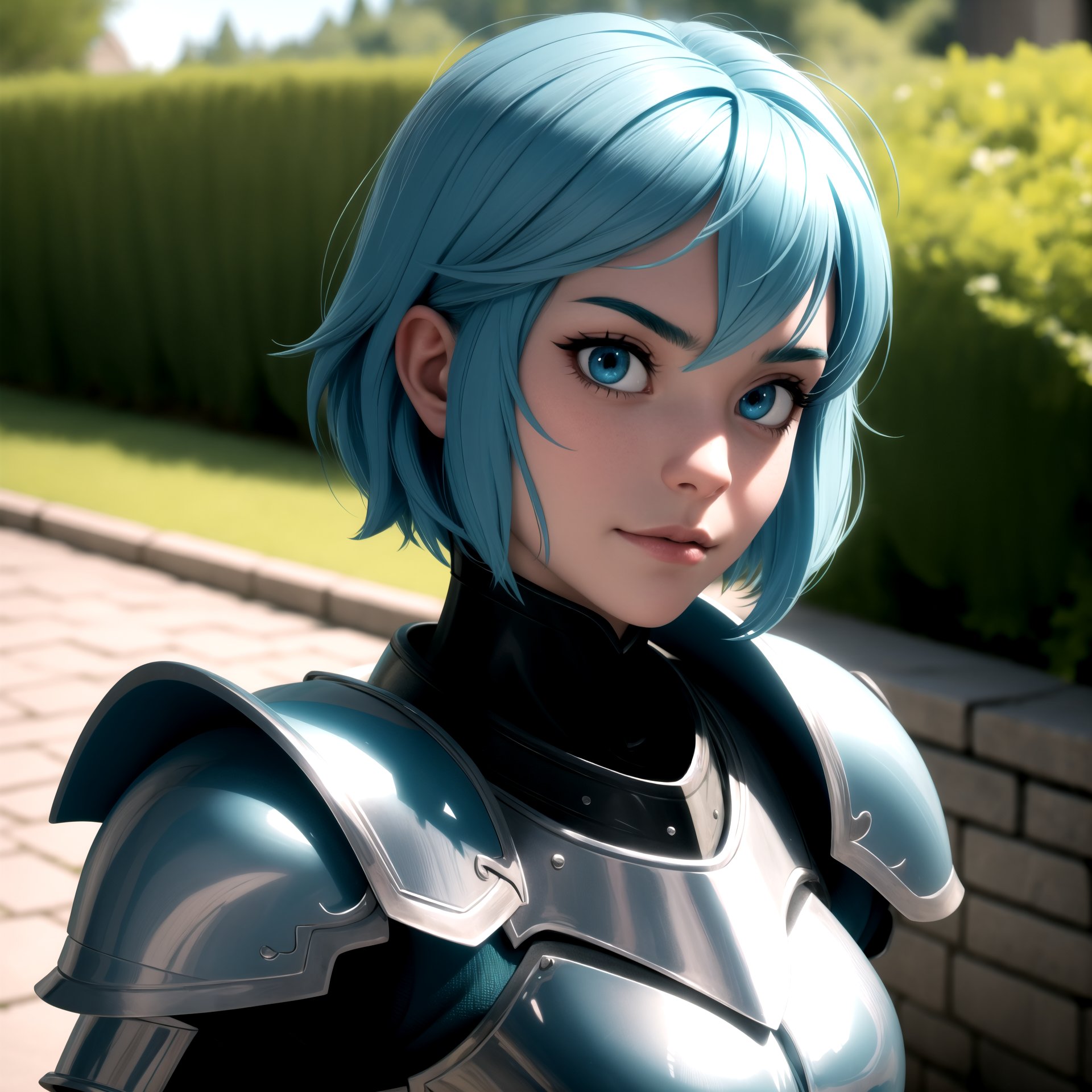 centered, upper body, award winning upper body portrait, (detailed face), (beautiful detailed eyes:1.2), | solo, knight woman, short hair, aqua hair color, light blue eyes, (black knight tight armor), symetrical and detailed armor, | fantasy town, medieval, european street, | bokeh, depht of field, | hyperealistic shadows, smooth detailed, blurred background,3d