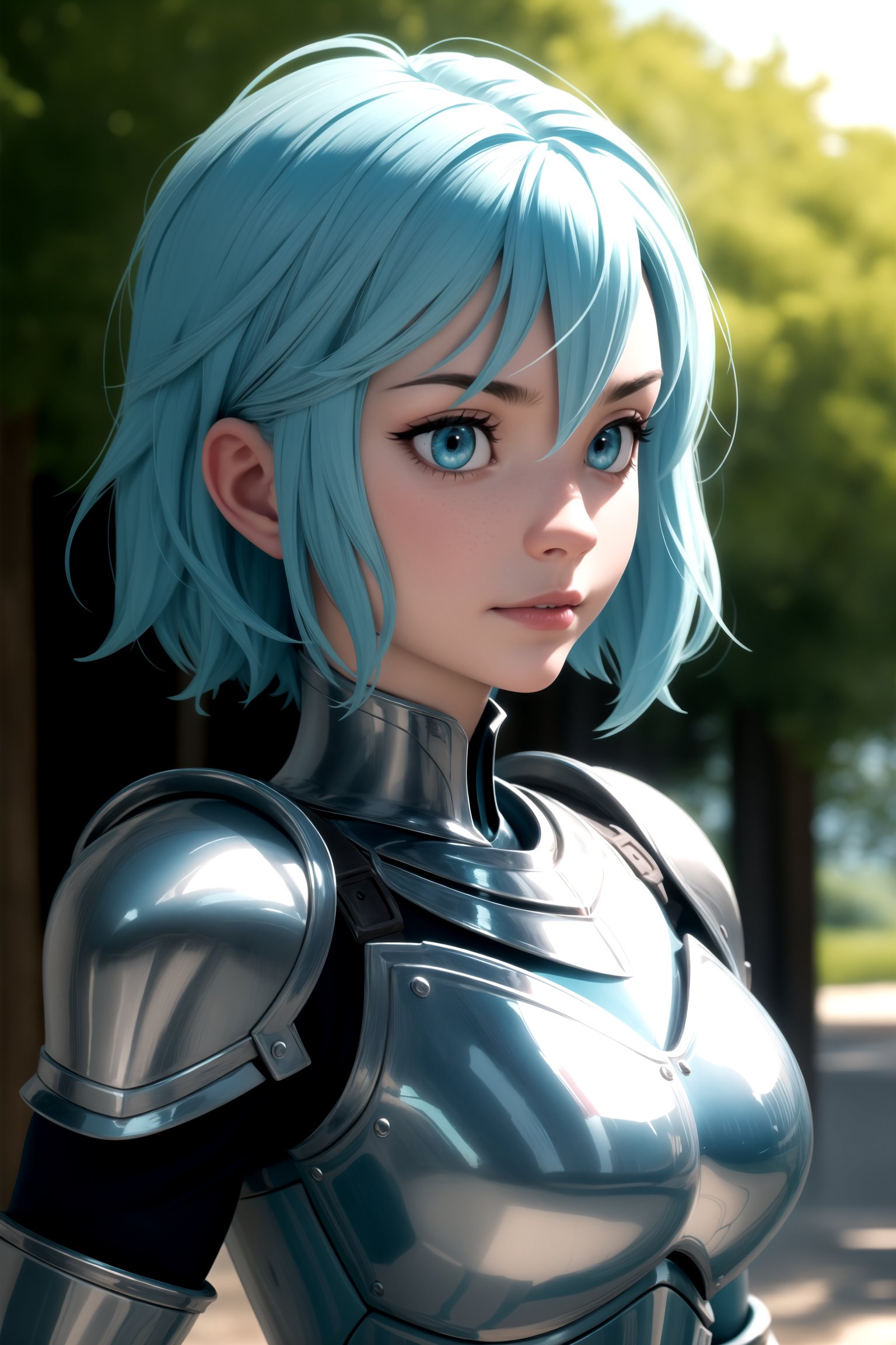 centered, upper body, award winning upper body portrait, (detailed face), (beautiful detailed eyes:1.2), | solo, knight woman, short hair, aqua hair color, light blue eyes, (black knight tight armor), symetrical and detailed armor, | fantasy town, medieval, european street, | bokeh, depht of field, | hyperealistic shadows, smooth detailed, blurred background,3d