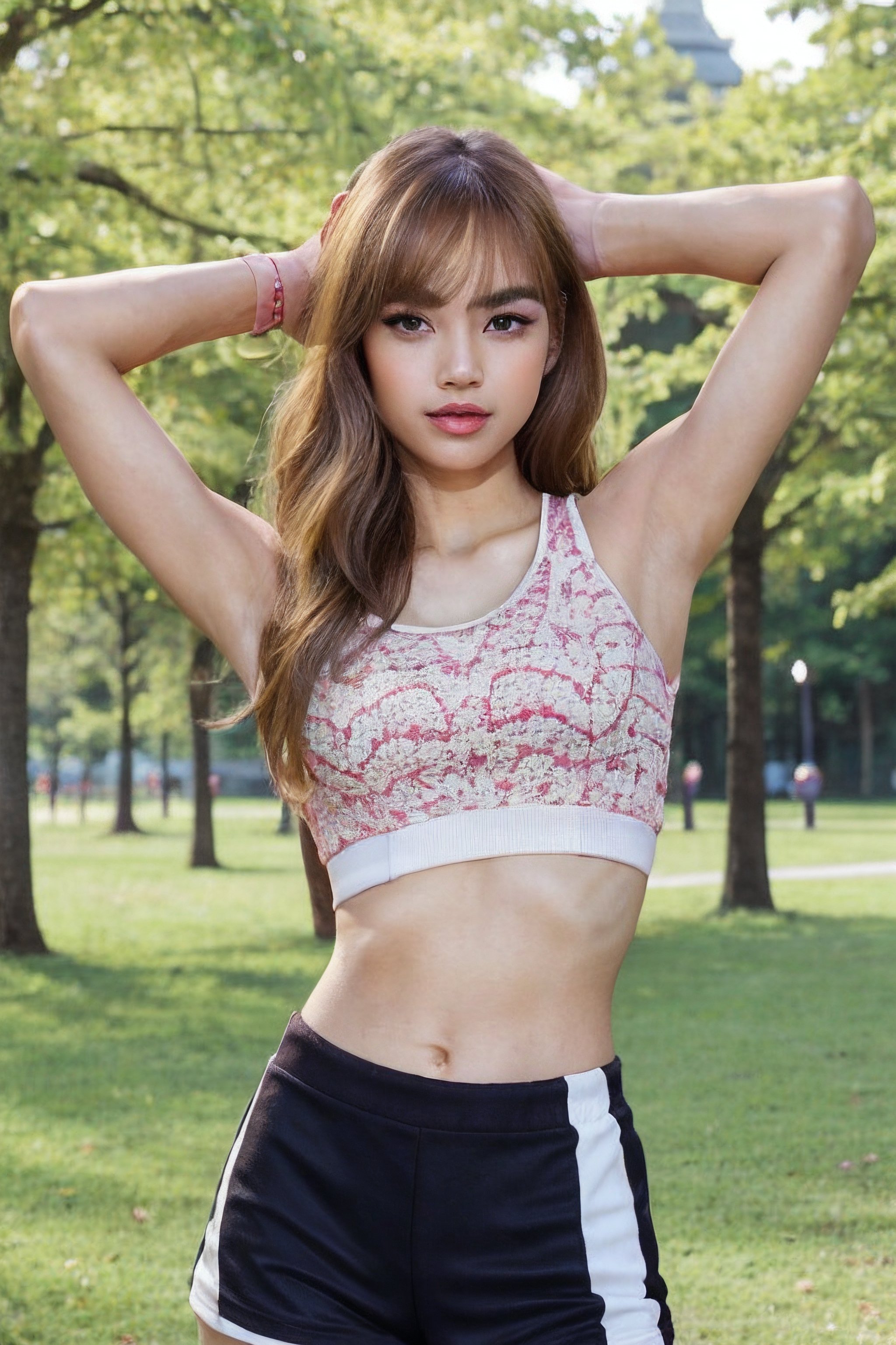 igirl, beautiful thaiwoman, wearing pink and white running shorts, sports bra, sunny day in a park, posing for photographs. best quality, amazing quality, sexy pose, very aesthetic, close up, (petite), (small breasts), insanely detailed eyes, insanely detailed face, insanely detaled lips, perfect hands, perfect hair,  insanely detailed skin, brown hair, brown eyes, 