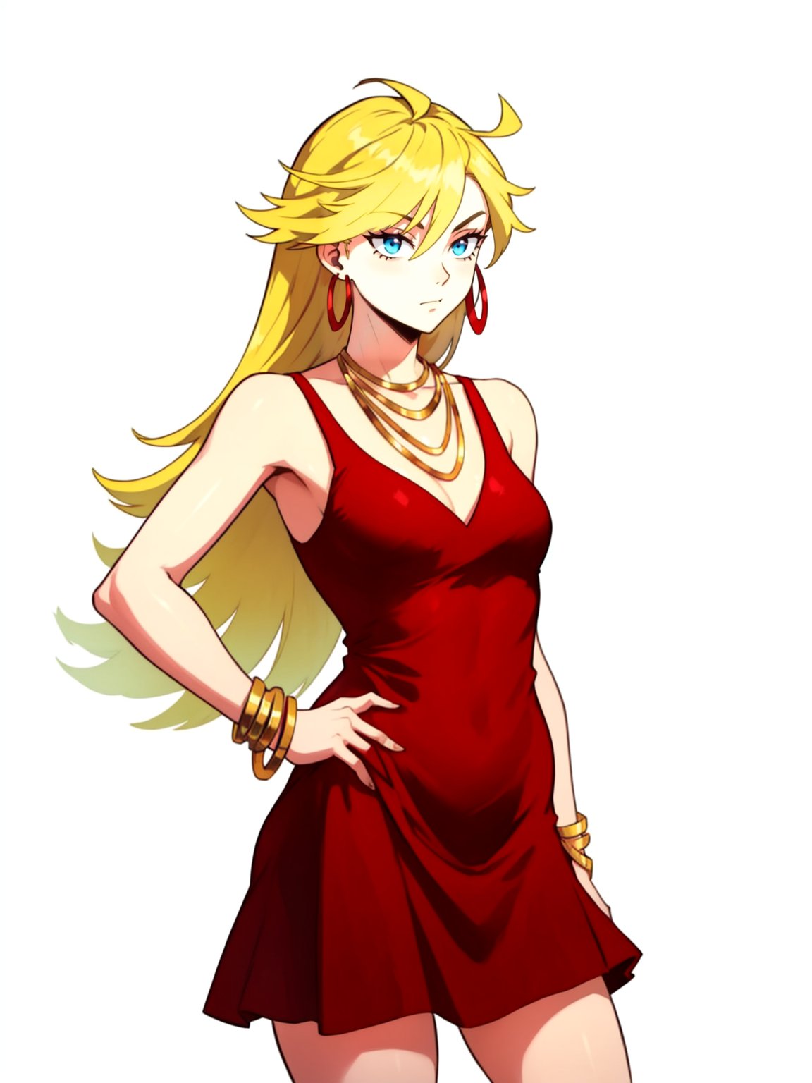 <lora:PSG_Panty-V2:0.8> anarchypanty, solo, blonde, long hair, earrings, necklace, bracelets, red dress, cowboy shot, white background