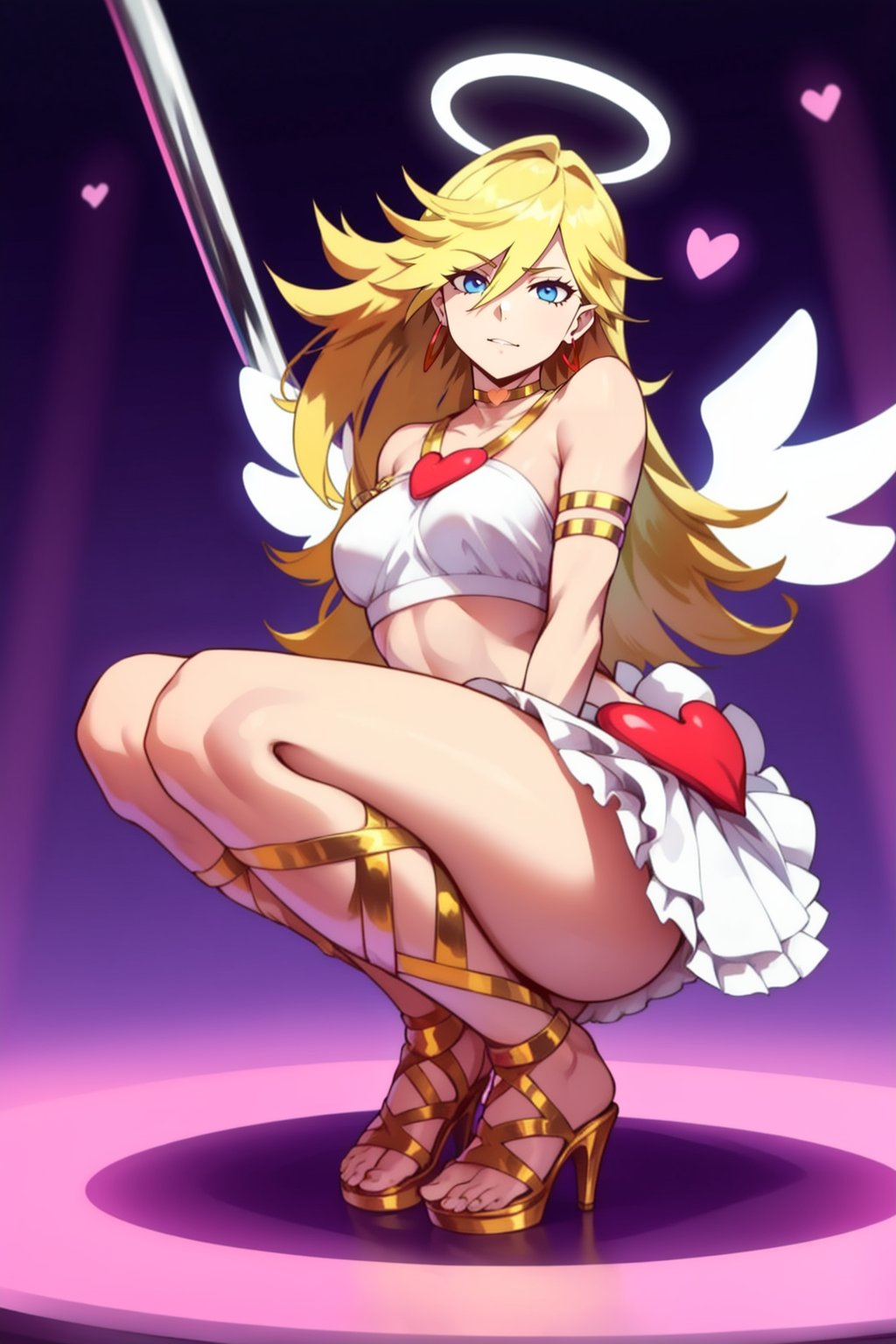 <lora:PSG_Panty-V2:1> anarchypanty, solo, blonde, long hair, halo, angel wings, bridal gloves, armlet, crop top, heart ornament, choker, frilled skirt, cross-laced sandals, gold trim, squatting, stage, stripper pole