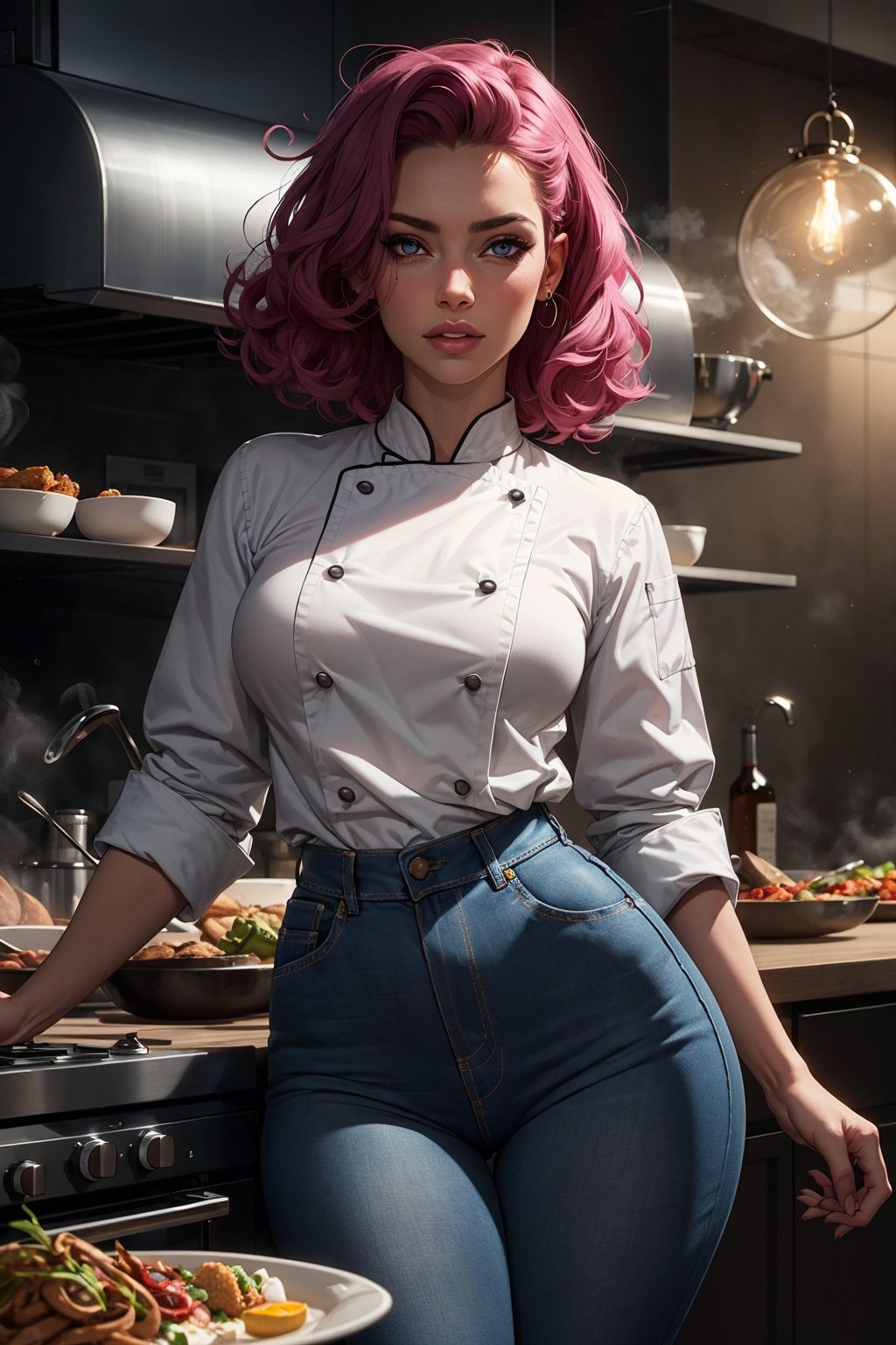 Woman, ([Elizabeth Banks|Adriana Lima|Salma Hayek]:0.85), highly detailed woman, naughty face, Blue eyes, skinny, shinny glossy skin, pink/magenta hair, curly hair, (chef outfit, blue jean, skin-tight), hourglass_figure, restaurant, food steam, kitchen, side light, volumetric light, rich colors, dramatic lighting, fine detail, absurdres, extremely detailed, (thepit style, uodenim style, stanleylau style)
