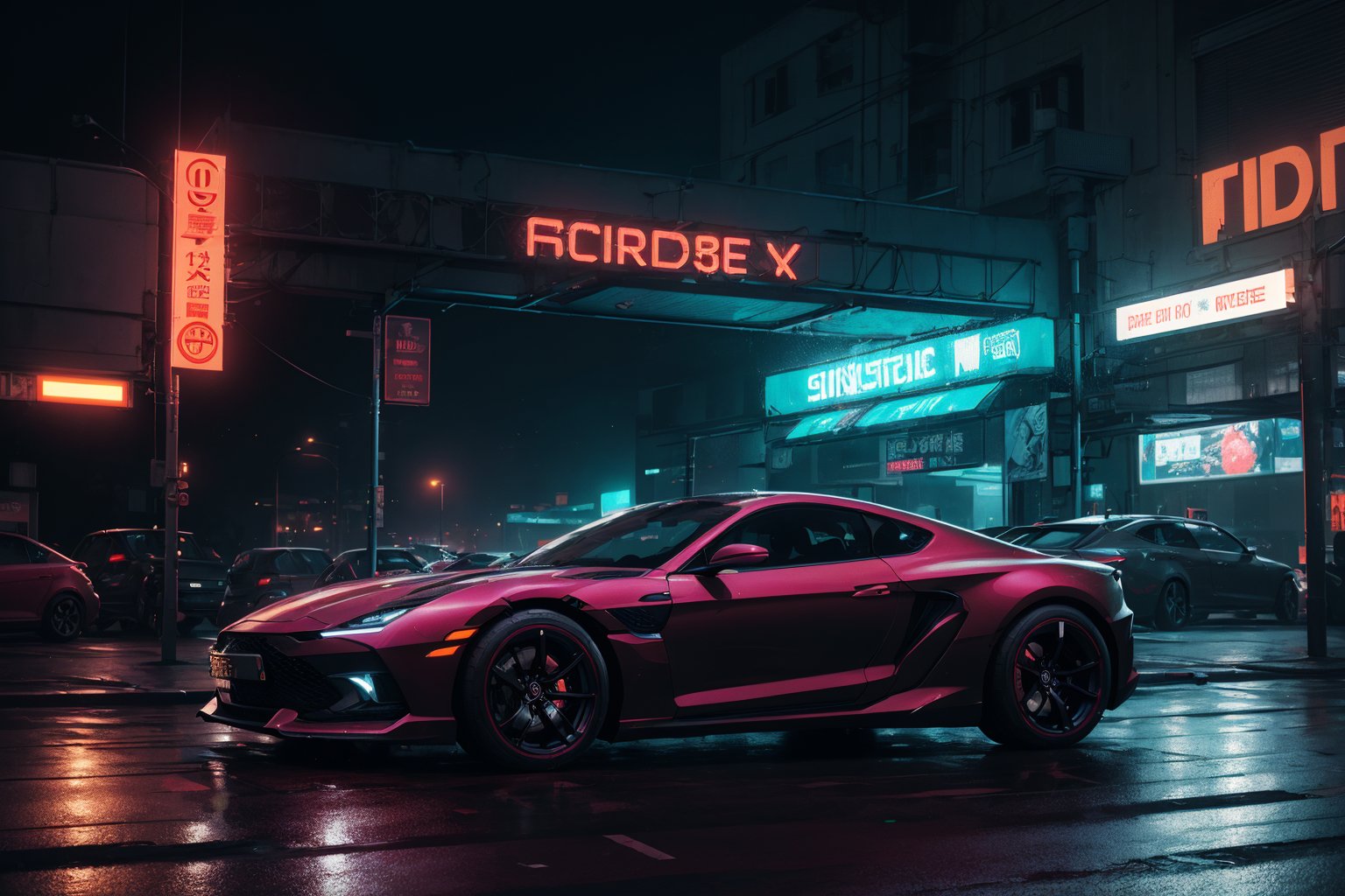(detailed cyberpunk car background, futuristic cars, cyberpunk, modified car), detailed landscape, side light, volumetric light, rich colors, billboards, neon lighting, night, midnight, fine detail, absurdres, extremely detailed, depth of field, ((realistic lighting)) ultra highres, (masterpiece:1.2), (ultra detailed), (best quality), intricate, comprehensive cinematic, magical photography, (gradients), colorful, nikon d850 film stock photograph kodak portra 400 camera f1.6 lens rich colors hyper realistic lifelike texture dramatic lighting unrealengine trending on artstation cinestill 800 tungsten, Style-Neeko