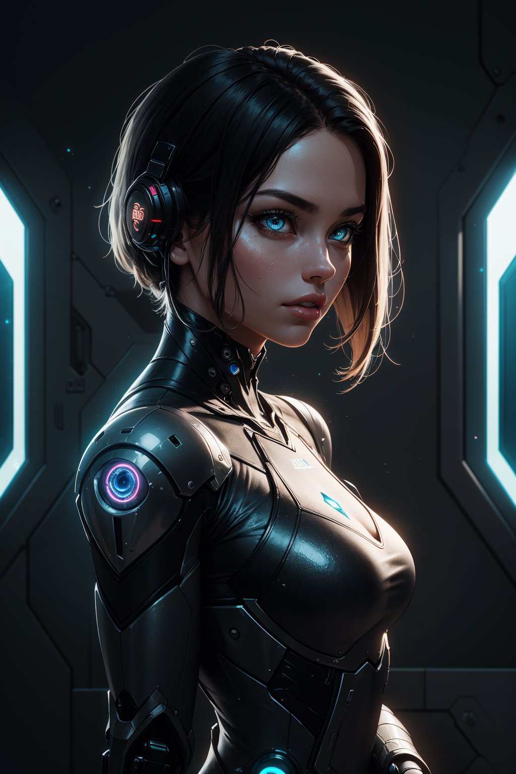 sci fi character art, cool artwork, futuristic style, in the style of 32k uhd, atey ghailan, geoff johns, dark yellow and gray, (futuristic dress, glowing dress, robotic arms), (detailed face, upper body:1.2), (detailed eyes, glowing eyes:1.2), shiny skin, synthetic skin, beautiful face, realistic hair panasonic lumix s pro 50mm f/1.4, techpunk, knightcore, futuristic, (detailed background), detailed spaceship hub, masterpiece, best quality, realistic, side light, volumetric light, rich colors, dramatic lighting, (full dual colour lighting:1.2), (hard dual colour lighting:1.4), fine detail, absurdres, extremely detailed, depth of field, ((realistic lighting)) ultra highres, (masterpiece:1.2), (ultra detailed), (best quality), intricate, comprehensive cinematic, magical photography, (gradients), colorful