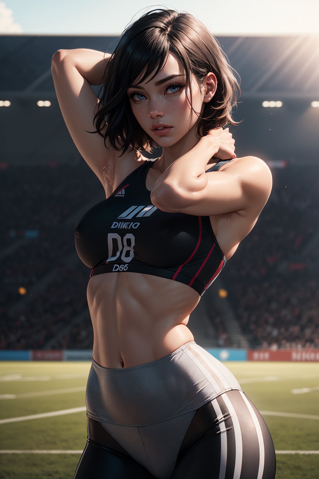 (1girl), (sports crop top, sports leggings, skin tight), ((medium Breasts, round breasts:1.2)), ((perky breast, midriff, narrow waist, hourglass waist, fit)), ((slim, skinny body:1.3)), bob_cut, bangs, asymetrical hair, rainbow streaked hair, highlights, ((sexy poses, cowboy shot:1.2)), (wide hips, groin, large pelvic, flat stomach), (detailed face:1.2), (detailed eyes:1.2), shiny skin, (detailed sports ground background, clear sky), detailed landscape, side light, volumetric light, rich colors, dramatic lighting, fine detail, absurdres, extremely detailed, depth of field, ((realistic lighting)) ultra highres, (masterpiece:1.2), (ultra detailed), (best quality), intricate, comprehensive cinematic, magical photography, (gradients), colorful, nikon d850 film stock photograph kodak portra 400 camera f1.6 lens rich colors hyper realistic lifelike texture dramatic lighting unrealengine trending on artstation cinestill 800 tungsten, Style-Neeko