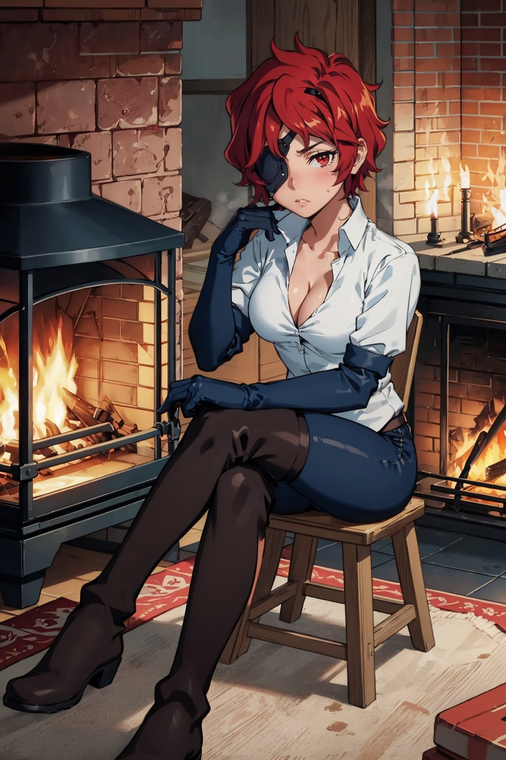masterpiece, best quality, <lora:hephaistos-nvwls-v1-000010:0.9> hephaistos, eyepatch, white shirt, cleavage, black gloves, elbow gloves, black pants, thigh boots, sitting, stool, looking at viewer, wrench, hammer, fireplace, looking at viewer, sweatdrop
