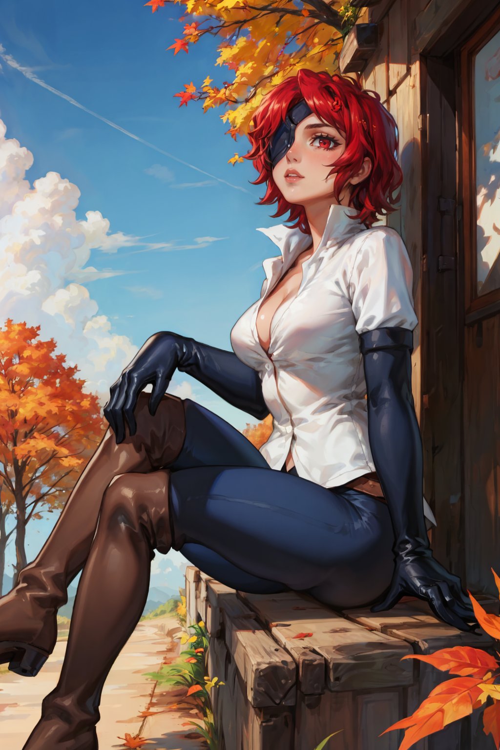 masterpiece, best quality, <lora:hephaistos-nvwls-v1-000010:0.9> hephaistos, eyepatch, white shirt, cleavage, black gloves, elbow gloves, black pants, thigh boots, sitting, from side, blue sky, trees, autumn, looking up