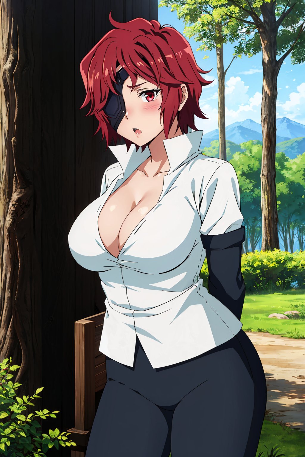 masterpiece, best quality, <lora:hephaistos-nvwls-v1-000010:0.9> hephaistos, eyepatch, white shirt, cleavage, black gloves, elbow gloves, black pants, cowboy shot, looking at viewer, blush, surprised, trees, forest, large breasts, arms behind back