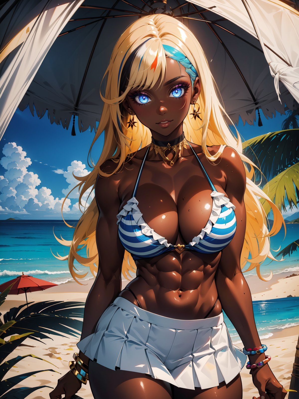 Extremely absurdres, 8k, 4k, masterpiece, Best Quality, extremely detailed, intricate, hyper detailed, perfect face, illustration, cel shading, best quality,

 skindentation:0.95, muscular:0.8, abs:0.9, 

low key:0.5, 1 girl:1.2, dark skin:1.3, solo:1.2,

 cowboy shot, cute, standing, posing, 

 collar, huge breasts:1.2, perky breasts, thick thighs, thick eyelashes, long eyelashes,

zebra print bikini:1.4, extremely short white frilly miniskirt, 

yellow hair, long hair, straight hair, streaked hair, large earrings, choker, bracelets, 

glossy skin, blue eyes, glowing eyes, eyeliner, eyeshadow, 

smile, sensual,

beach, gazebo, tropical flowers, cocktails,
