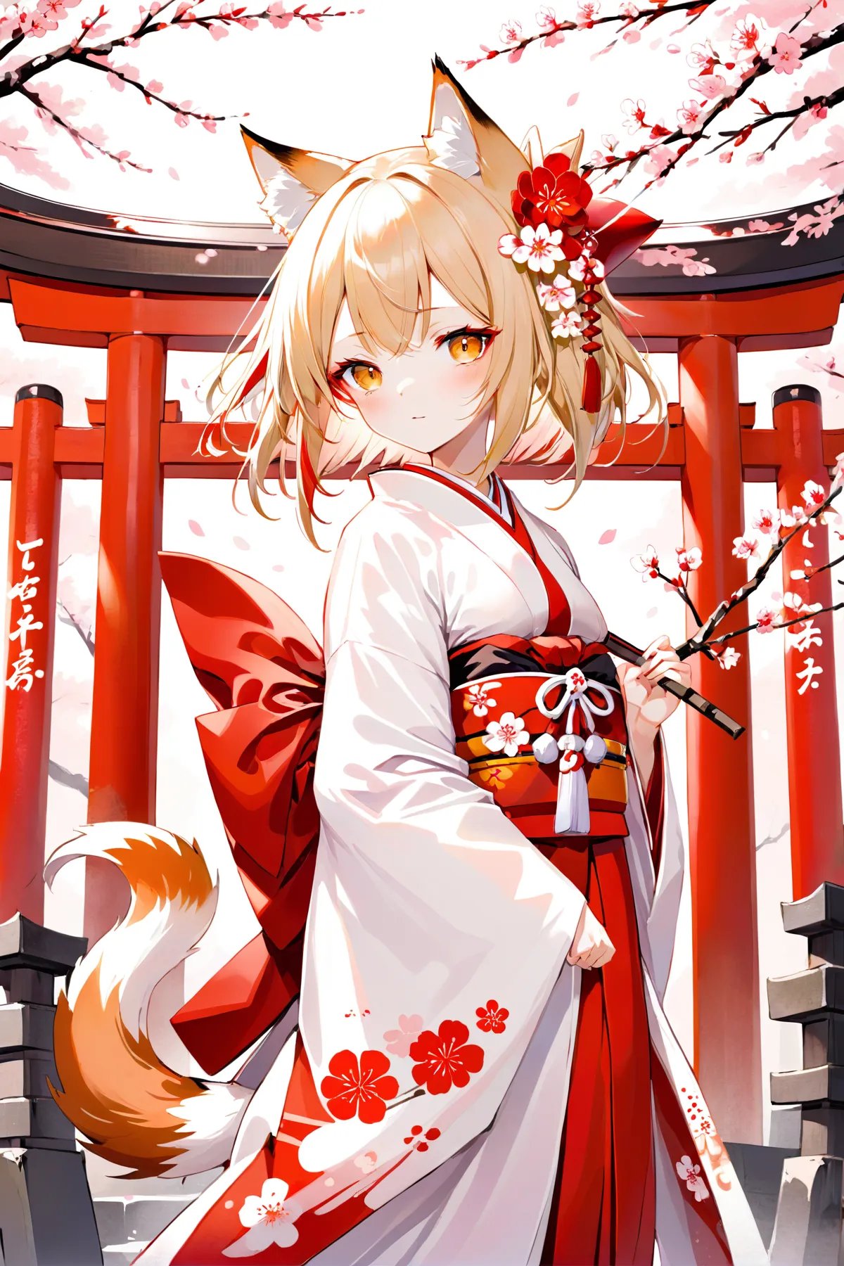 Illustration of a young fox shrine maiden standing in front of a traditional Japanese torii gate, wearing a flowing white and red kimono with fox ears and a tail, holding a sakura branch with blossoms. She gazes at the viewer with mesmerizing golden eyes, carrying an aura of mysticism and grace.,upper body,