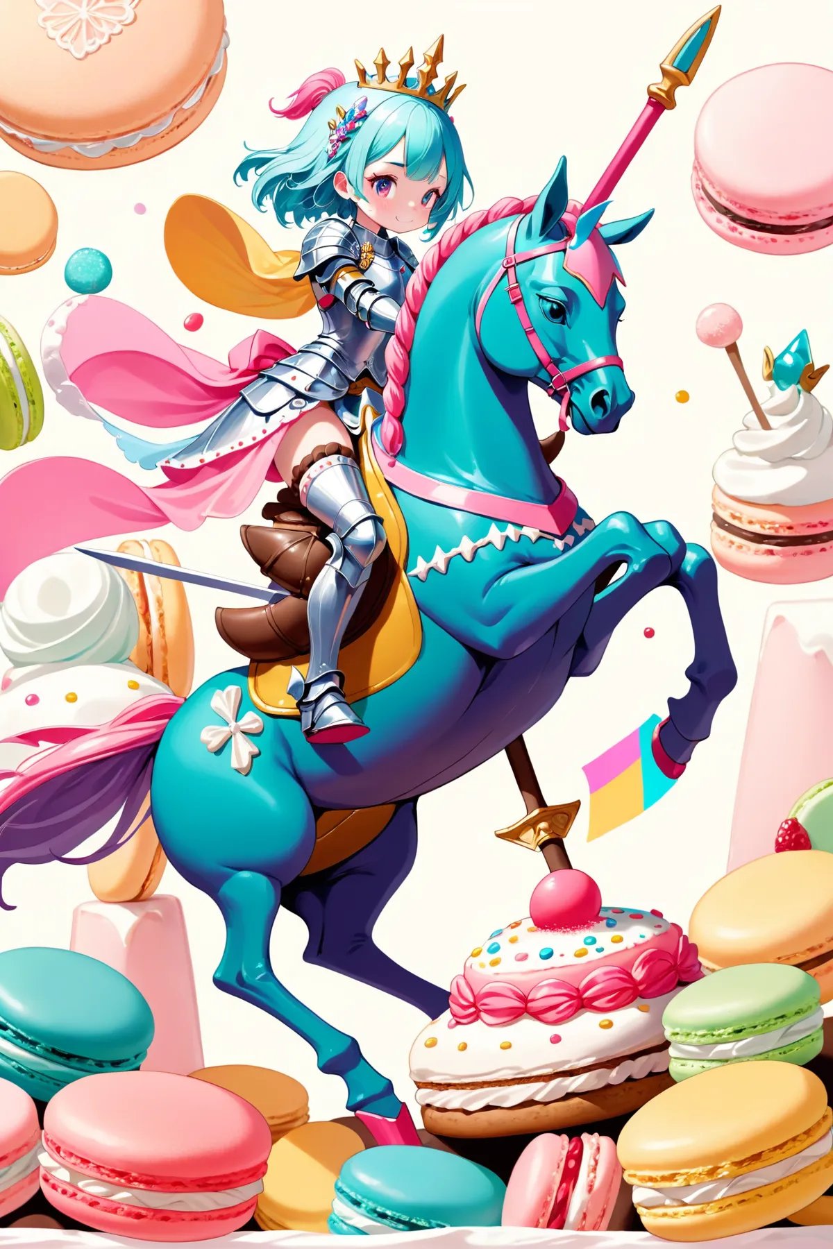 {Illustration} of a determined female knight riding a majestic macaron steed through a whimsical and colorful pastry kingdom, brandishing a frosting sword while wearing a macaron-inspired armor decorated with delicate sugar crystals.