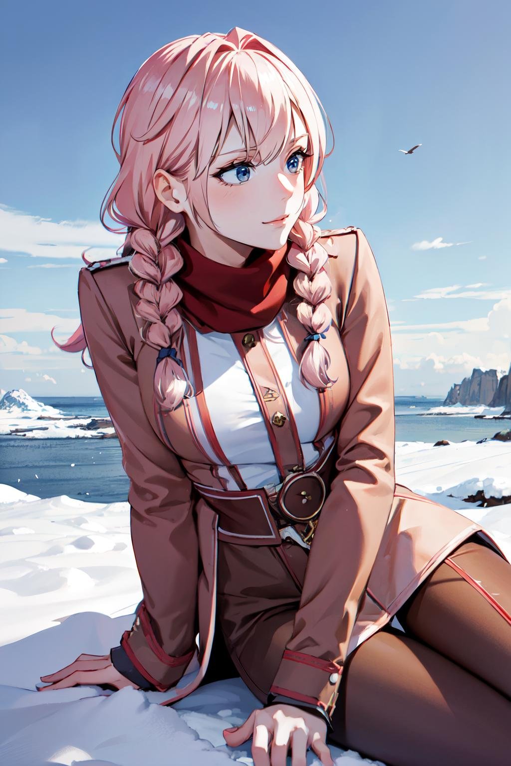 upper body, a woman sitting on a cliff, snow covered, sunny, winter, windy, white clouds, sea, birds, , beautiful girl, high detail skin, high detail eyes, high detail hair, highres, ultra detailed, sharpen picture, Highly detailed, masterpiece, best quality, photorealistic, <lora:Xiao RouqingLora:0.7> 1girl, pink long hair, twin braids,  brown winter coat:1.5, red scarf, pants