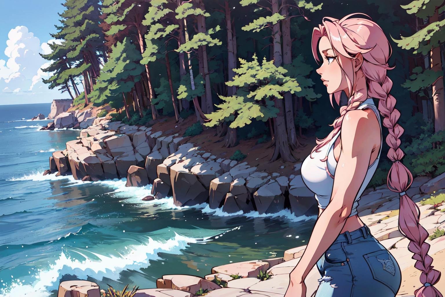 upper body, a woman walking on a cliff, pine trees, sunny, white louds, sea, birds, , beautiful girl, high detail skin, high detail eyes, high detail hair, highres, ultra detailed, sharpen picture, Highly detailed, masterpiece, best quality, photorealistic, <lora:Xiao RouqingLora:0.7> 1girl, pink long hair, twin braids, tank top, short jeans