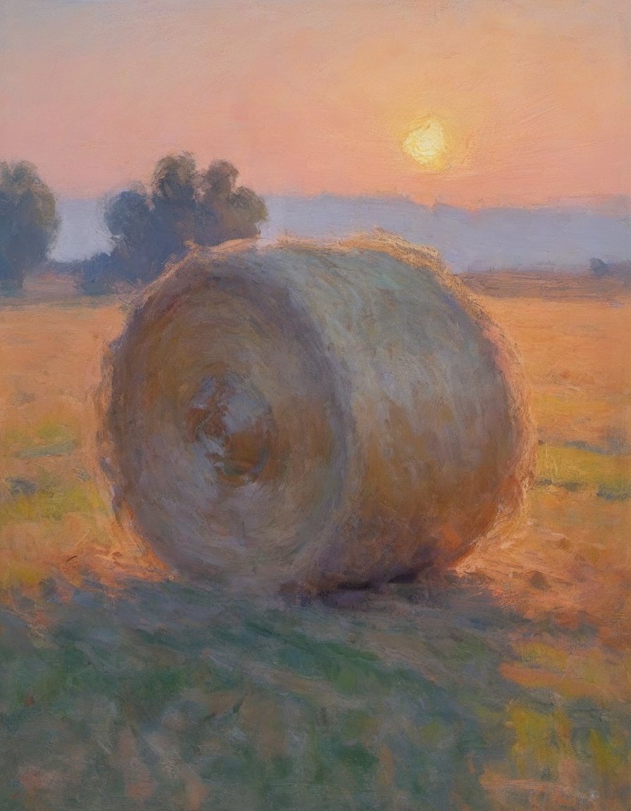 impressionist painting color and temperature study of a bale of hay on a grassy field at sunset