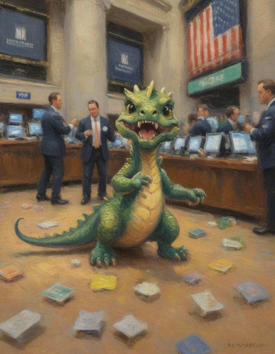 impressionist painting of a baby dragon playfully causing chaos on the floor of the New York Stock Exchange