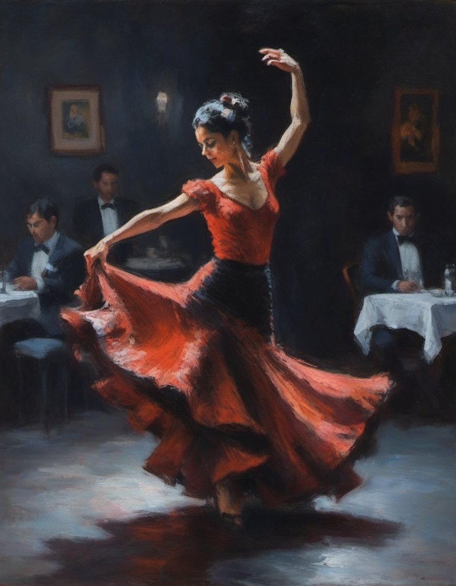 impressionist paintin gof a tall graceful flamenco dancer with flowing swirling skirt in a darkened room dramatic light and  flamenco band in the background