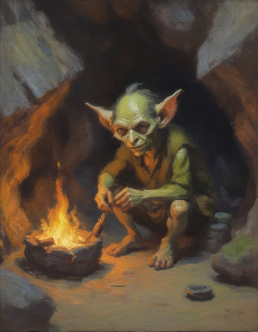 impressionist painting of a goblin starting a fire in his damp and depressing cramped cave