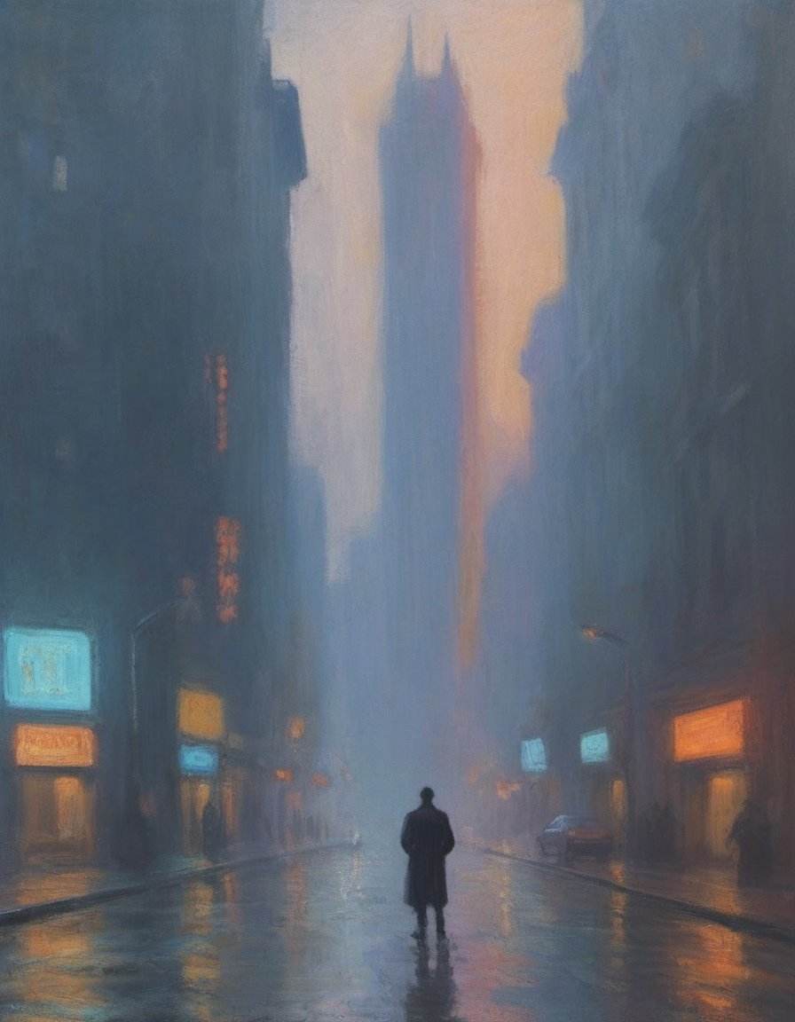impressionist painting sci-fi brutalist architecture shrouded in mist and fog obscured neon lights wet roads closeup of tall thin man in long coat vast city scale sunrise through mist and smoke