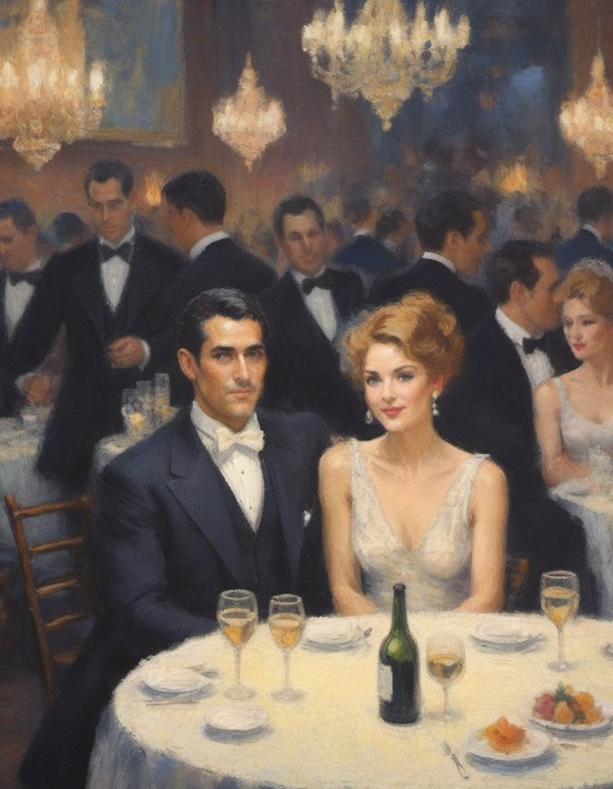 impressionist painting portrait of high society classy ballroom beautiful and handsome people at a party romantic lighting evocative expressions pointillism style