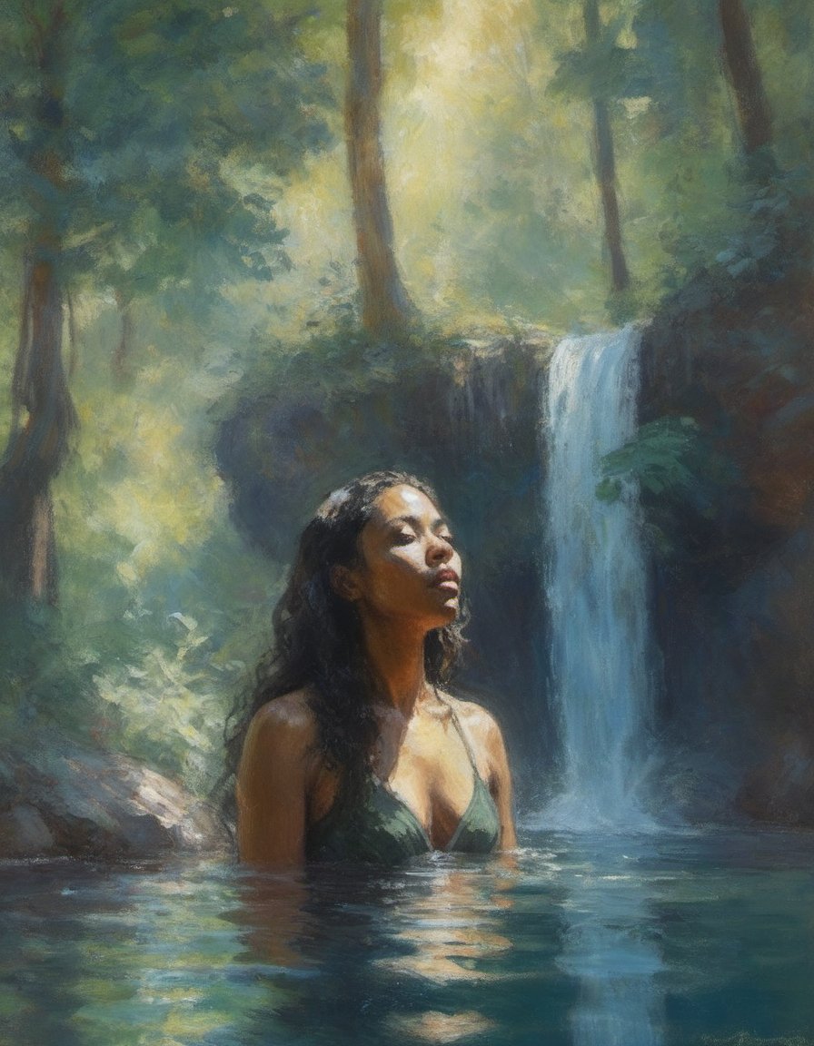 impressionist painting of a beautiful biracial woman submerged in a forest pool with a tall waterfall and sun rays filtering through the leaves