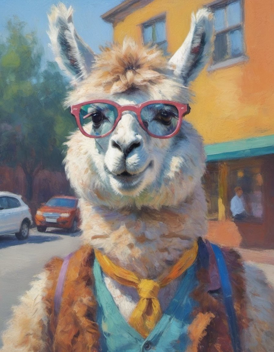 impressionist painting portrait of a hipster alpaca wearing sunglasses gestural and colorful