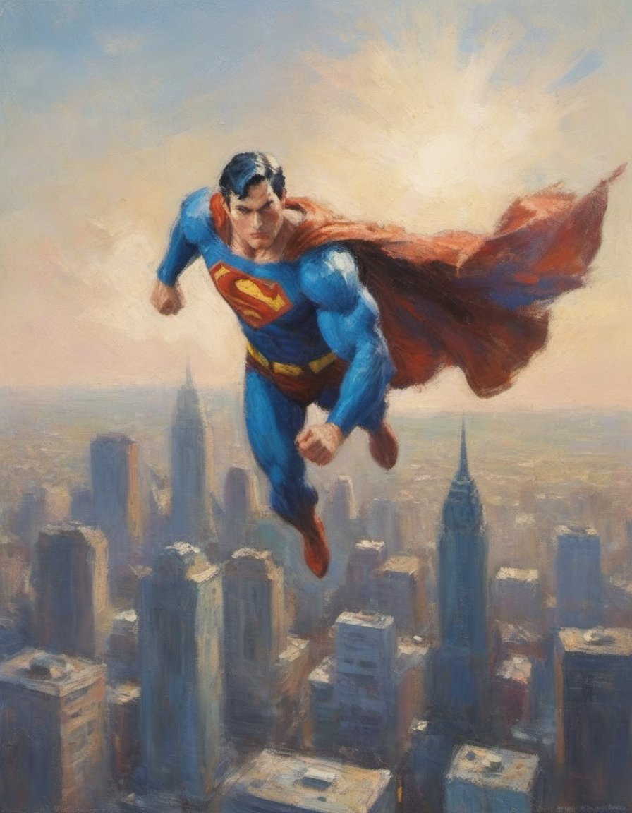 impressionist painting portrait of superman in flight above metropolis city late afternoon aerial view majestic pose