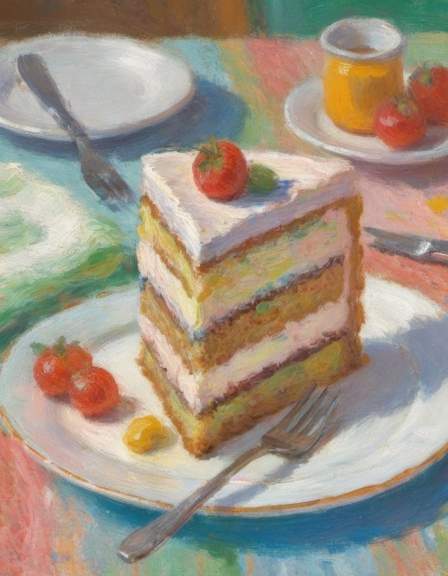 impressionist painting of a slice of three layer cake on a white plate on a colorful tablecloth with a fork