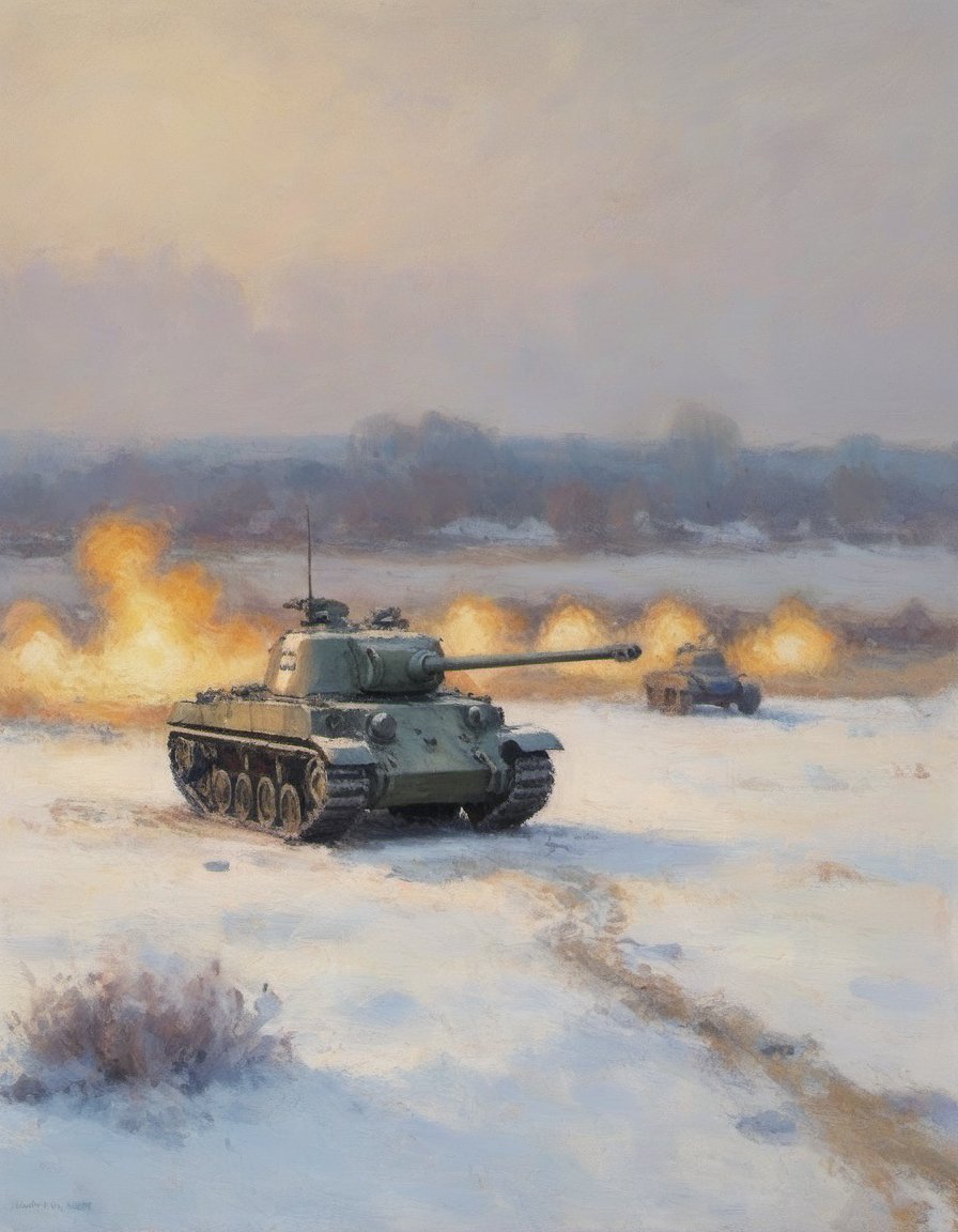 impressionist painting of a sherman tank on a flat winter field with distant explosions old world war scene