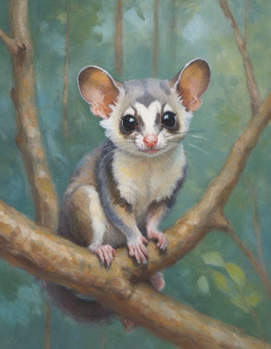 impressionist painting of an adorable sugar glider in the upper branches of its forest