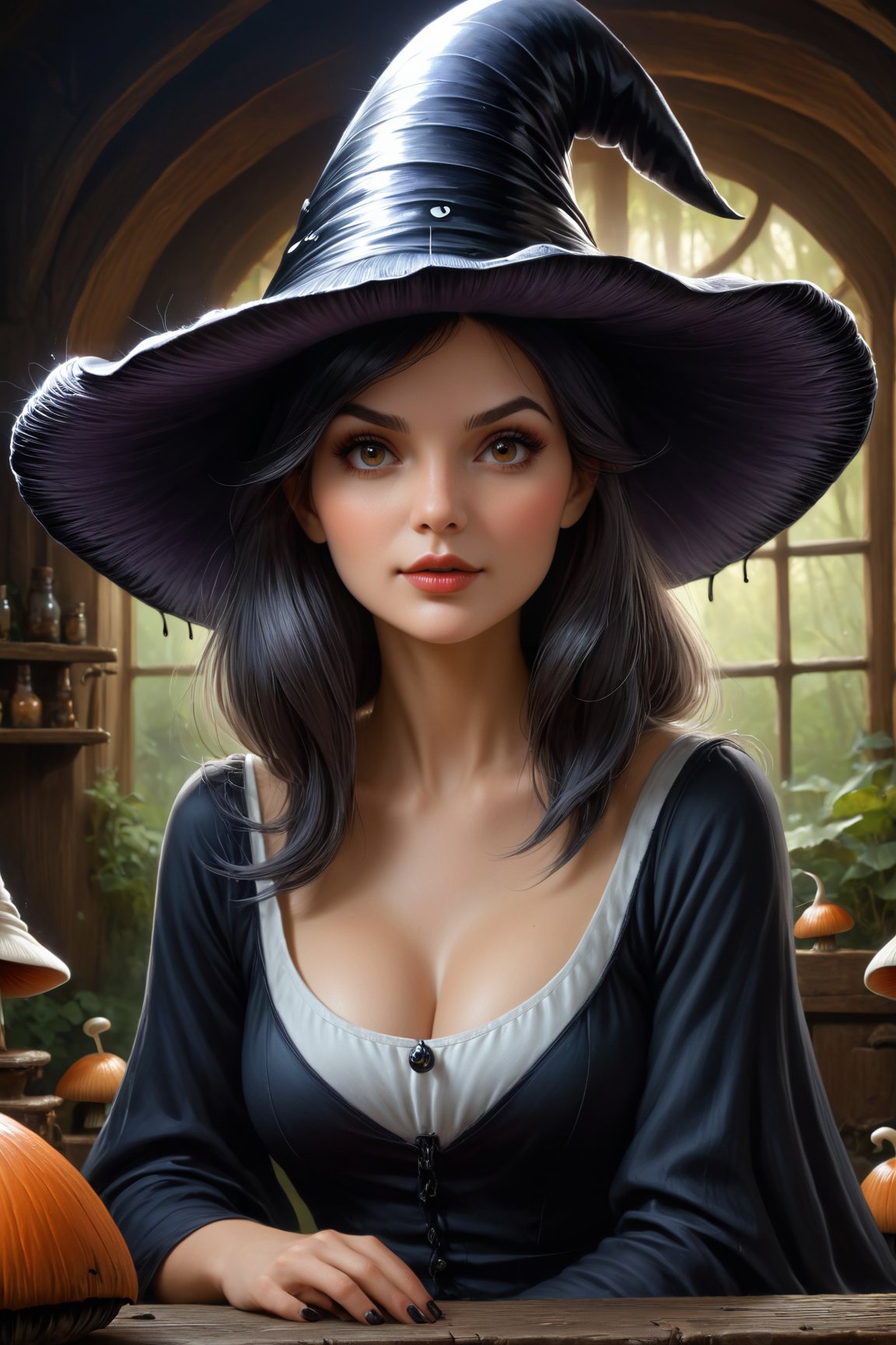 A woman, mishievious expression, masterpiece, best quality, sharp focus, digital illustration, hyperrealistic painting, chiaroscuro, a1sw-InkyCapWitch, sm1cdrip-witchhat