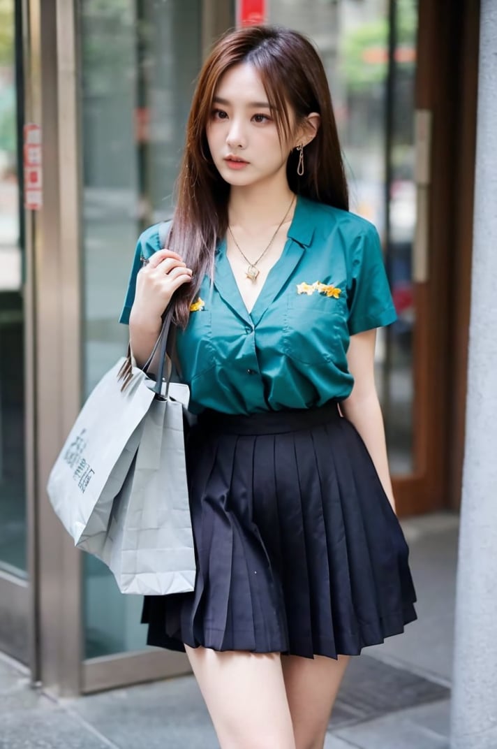 young Taiwanese Girls with long hair, big breasts,(((star necklace))),((large earrings)),((show cleavage )),wearing  Taiwan uniform, miniskirt ,（walking  in taipei  city with shopping bag ) , (Taipei), (((twuniform))),((no text))
, ((jing))