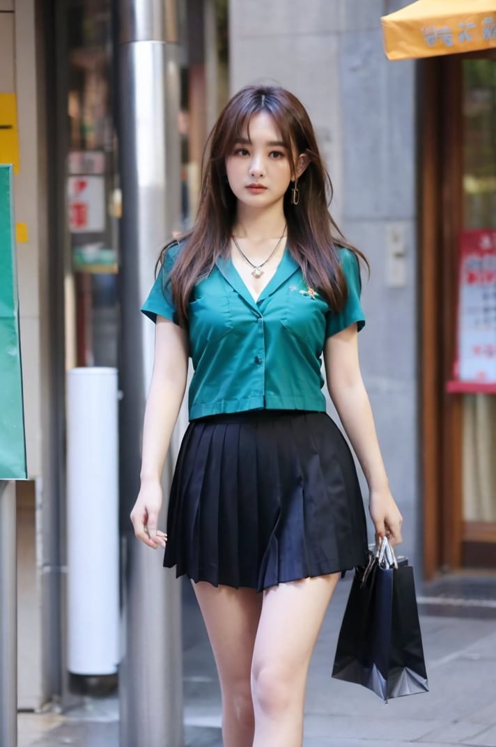 young Taiwanese Girls with long hair, big breasts,(((star necklace))),((large earrings)),((show  cleavage )),((wearing  Taiwan uniform, miniskirt ,（walking  in taipei  city with shopping bag ) , (Taipei), (((twuniform))),((no text))
, ((jing)), (large breasts),(pokies)