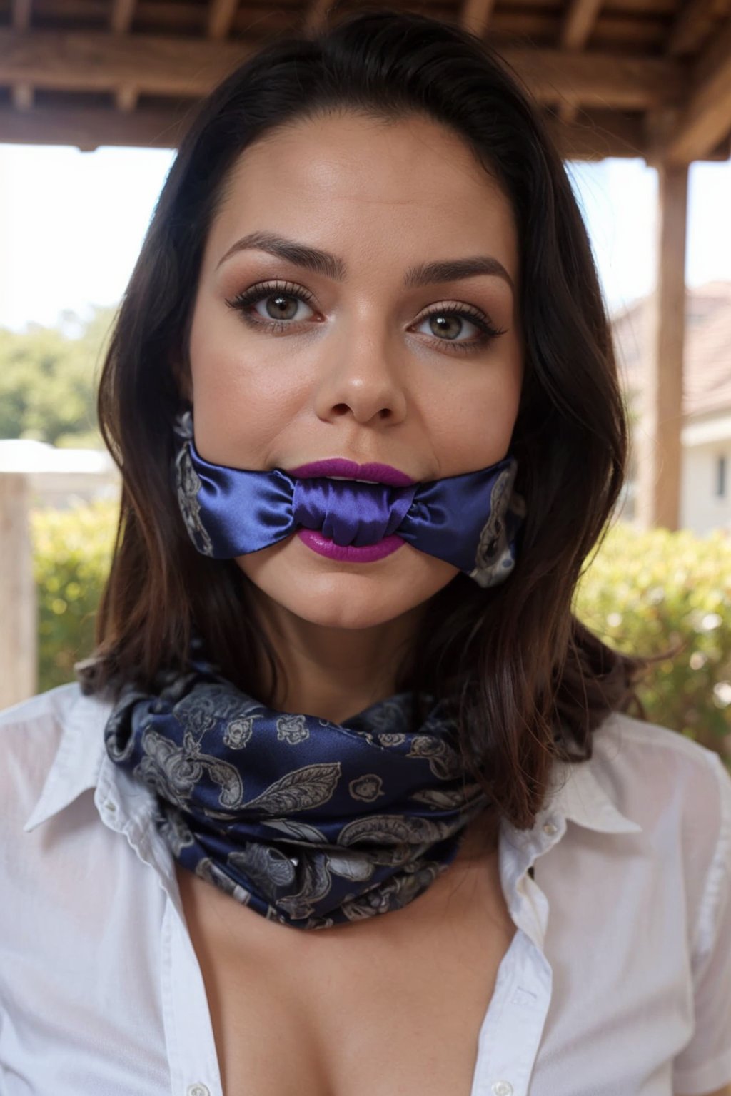 photograph,  View of 25 years old caucasian female, sunny, large gag of patterned satin, detailed lips, wearing white shirt, brokeh, ,scarfgag