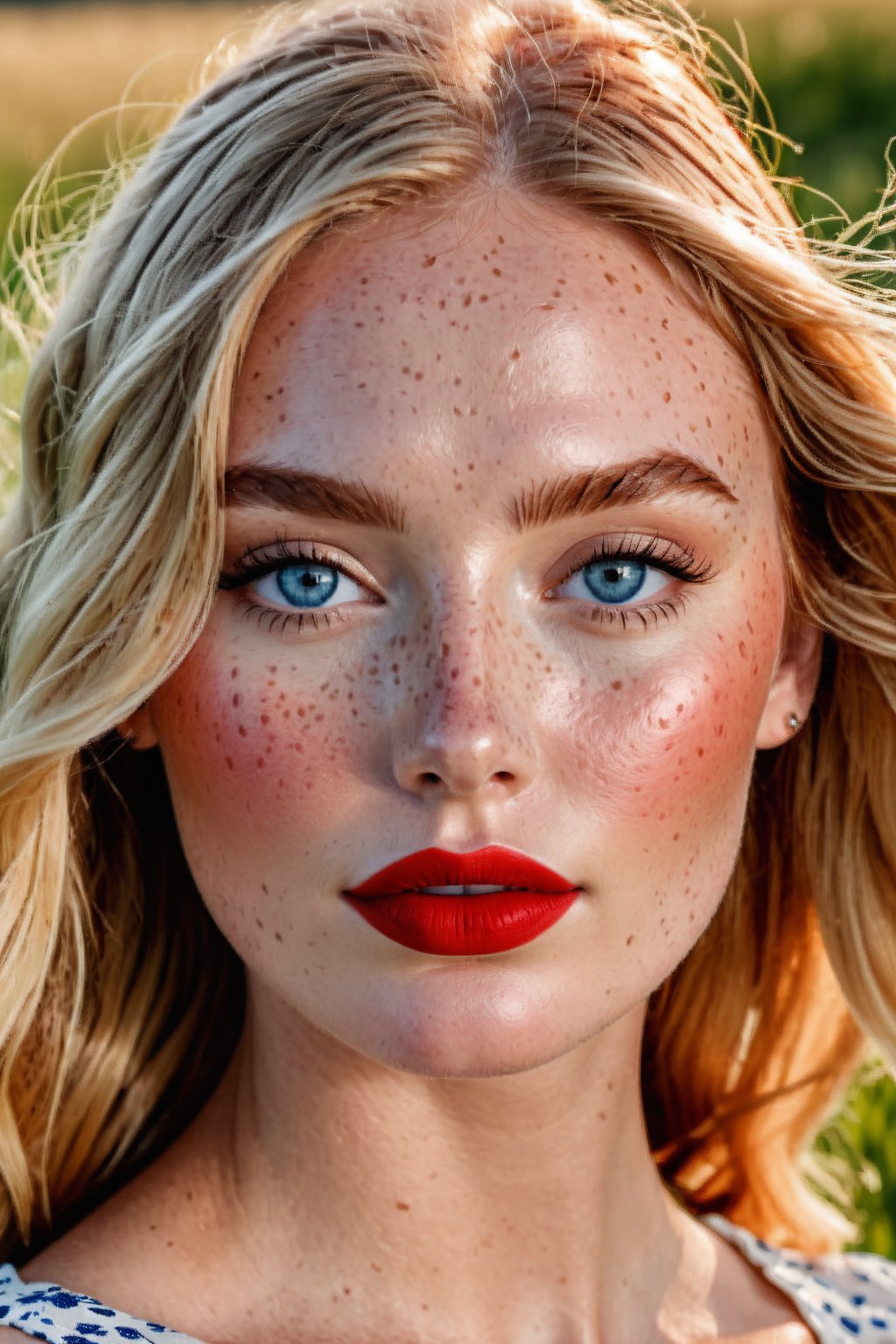 (Best quality, 8k, 32k, Masterpiece, UHD:1.2), wide Open shot of a Gorgeous woman with freckles on her face, modeling at a grass field, detailed face with red lips, beauty retouch, long eyeliner, perfect face details, summer dress, gradient blush, richly defined face, gradient golden eye shadows, and false lashes, detailed eyebrows, professional retouch, eyes and lips, features, thick red lips, hint of freckles, red lips, detailed natural real skin texture, perfect straigth blonde hair, realistic blue eyes, visible skin pores, anatomicaly correct, (PnMakeEnh)