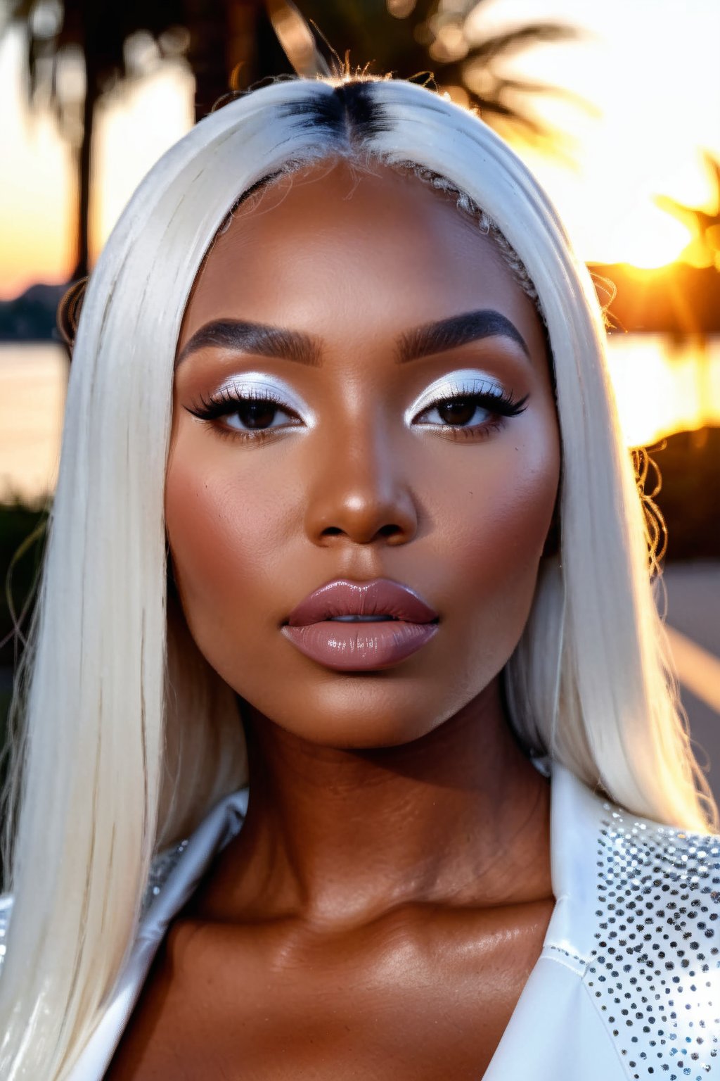(Best quality, 8k, 32k, Masterpiece, UHD:1.2), portrait of a gorgeous afroamerican, posing for a fashion magazine white gloss lipstick, wearing a white turtleneck couture dress, white lipstick , ((Fancy white make up, white eyeshadow, long fancy eyeliner,)) face glitter, (platinum dyed straight hair), and attractive features, looking at viewer, eyes, eyelid, leashes, eyes contact, focus, depth of field, film grain, serious, ray tracing, sunset, ((contrast lipstick)), detailed natural real skin texture, perfect straight platinum dyed hairstyle ,visible skin pores, anatomically correct,(PnMakeEnh)