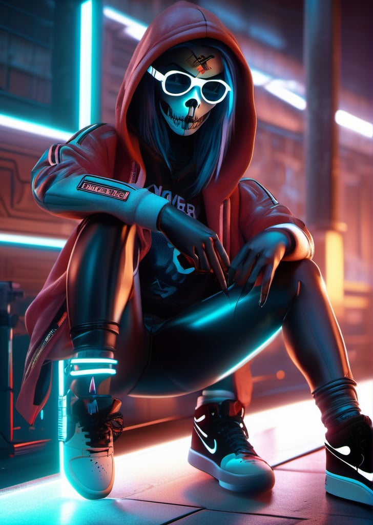 cyberpunk, sunglass,The long scar on the forehead is formed by a straight line drawn across many x marks, monkey skull, full detail body female, smily,smoking, detail nike jordan sneakers shoes, fashion, squat,ceramics, shoes, hoodie , croptop, logo,12k, water effect, blueoragenred, cinematic, minimalism fantastic background, ghost blade art style, fantastic, digital art, high detail, high detail skin, real skin, 8k, high_resolution, high quality, line code with glowing ancient characters, hdr:1.5, sharpness,